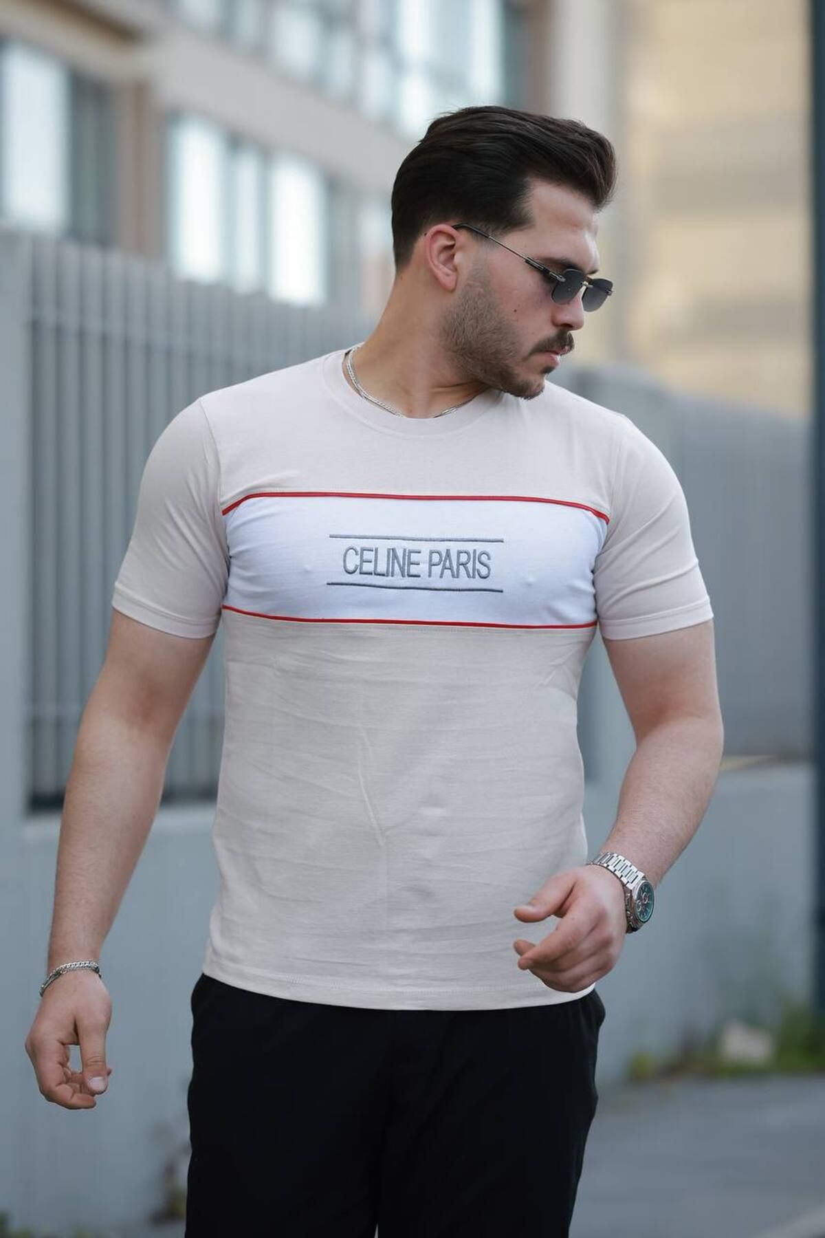 OTAKU Erkek Celine Paris Nakışlı Bisiklet Yaka T-shirt