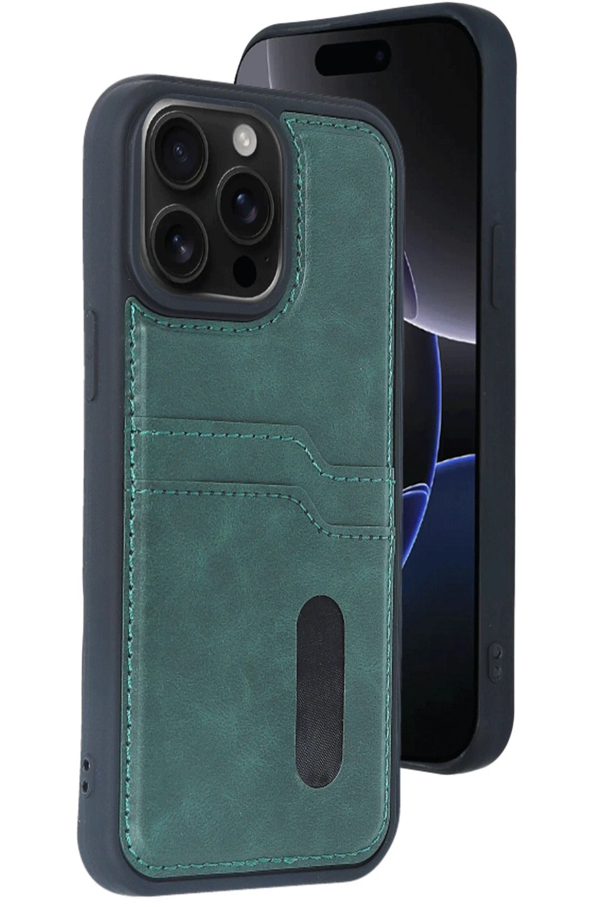 NewFace iPhone 15 Pro Max Kılıf Sara Kartvizitli Deri Kılıf - Koyu Yeşil MRAYD