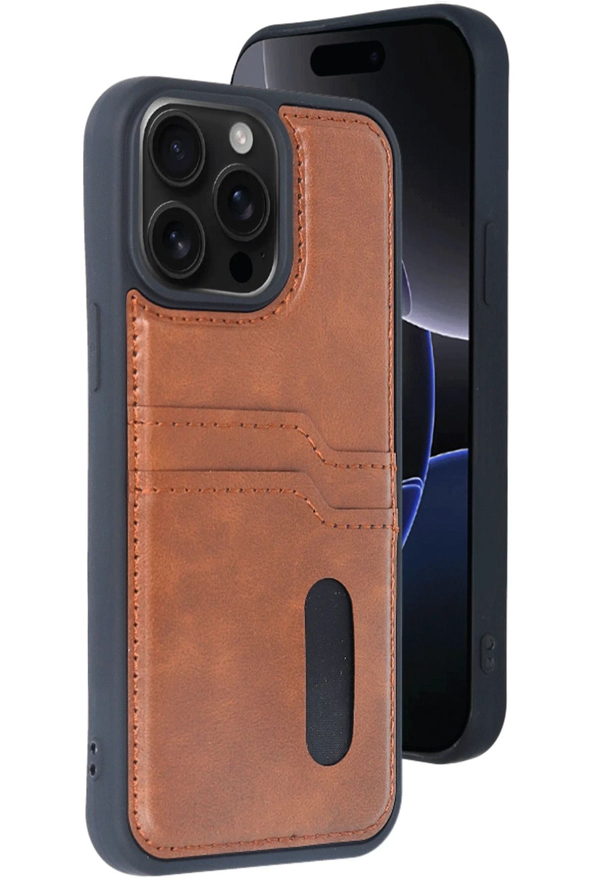 NewFace iPhone 15 Pro Max Kılıf Sara Kartvizitli Deri Kılıf - Taba MRAYD