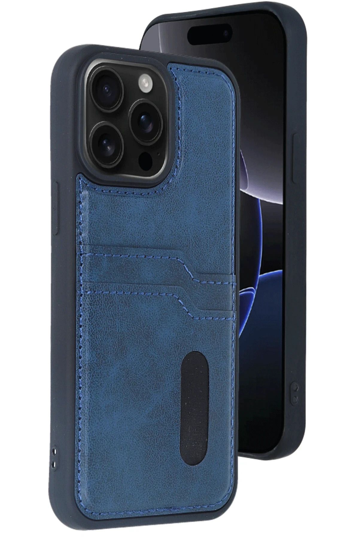 NewFace iPhone 15 Pro Max Kılıf Sara Kartvizitli Deri Kılıf - Lacivert GLSTD