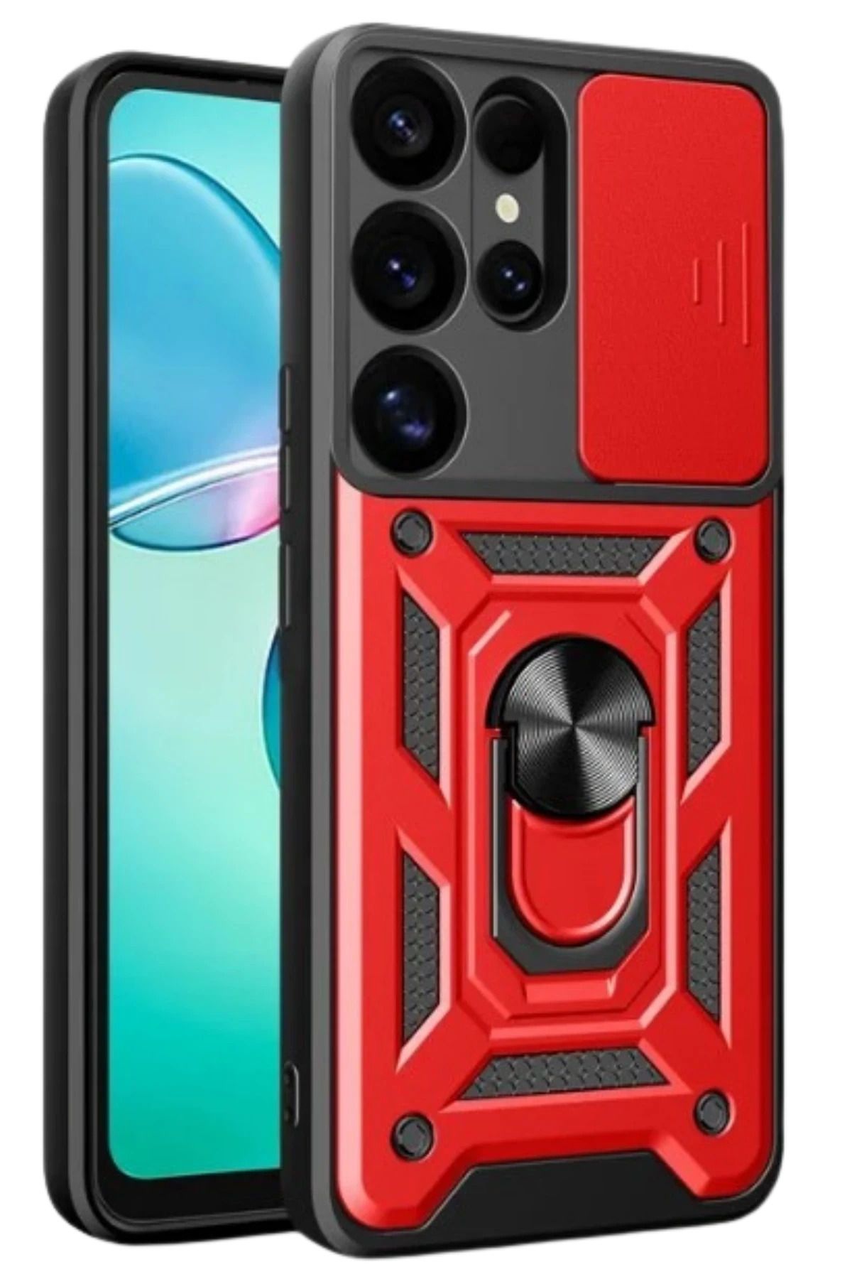 NewFace Samsung Galaxy S25 Ultra Kılıf Pars Lens Yüzüklü Silikon - Kırmızı MRAYD