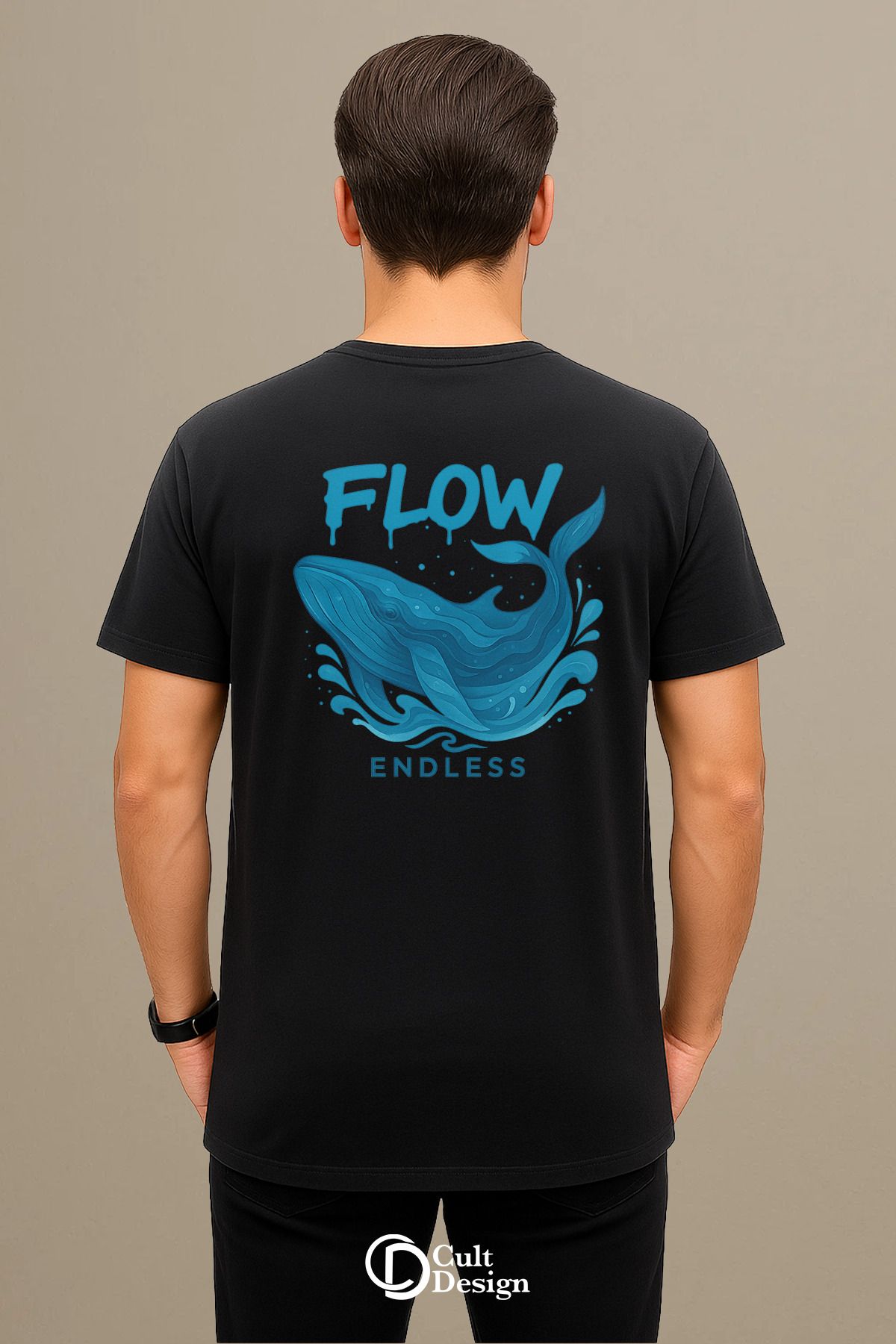 CULTDESİGN FLOW MAVİ BALİNA DETAYLI UNİSEX Premium Baskılı Basic, Organik Pamuklu, Bisiklet Yaka T-Shirt