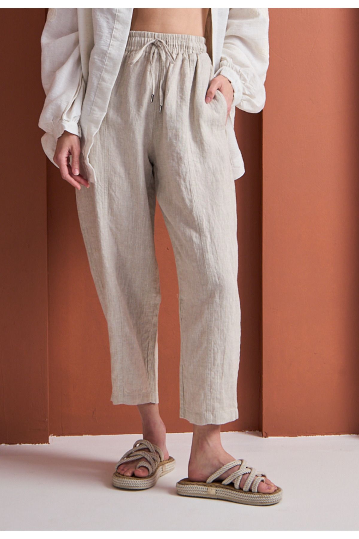 MODA 100% Keten Rahat Kesim Pantolon