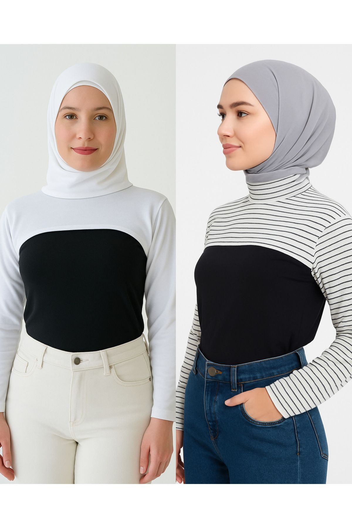 mirach 2’li Set Sade ve Çizgili Boyunluklu Kolluk Siyah Beyaz Body Uzunkollu Penye İçlik Kol