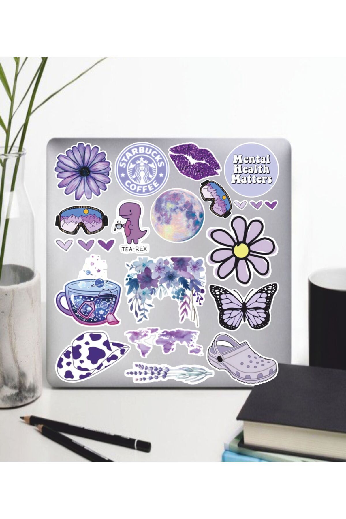 hediyenebak Mor Temalı Sticker Seti | Laptop Ajanda PC Tablet Telefon Defter Etiket Bullet Journal