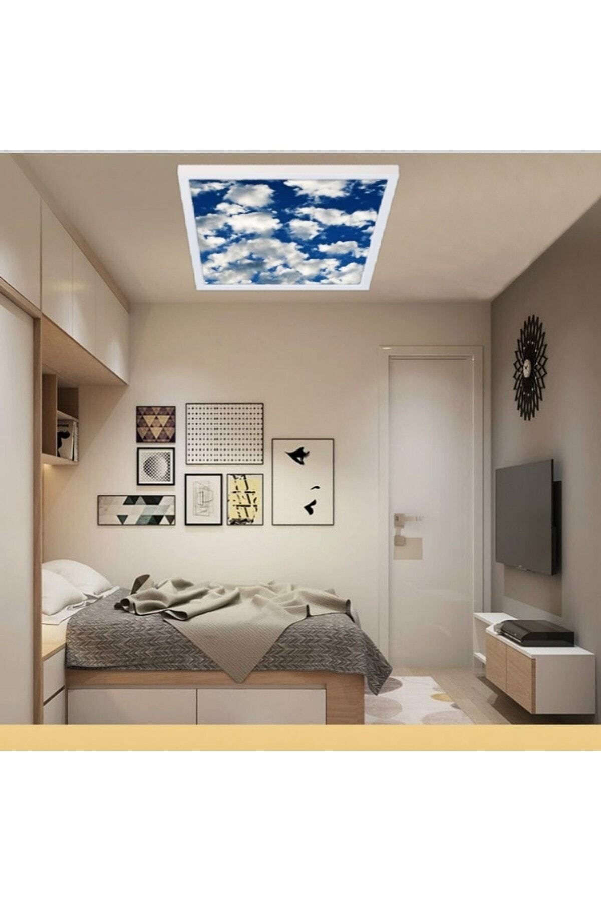 Gökyüzü Panel Yatak Odası Güçlü 60watt 60x60 Büyük Boy Led Avize Bulut Tasarım, Modern Çerçeve
