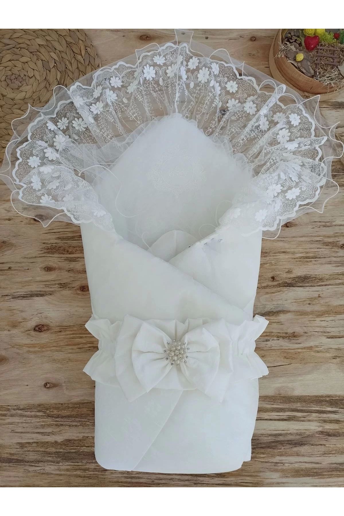 Moda Şahsenem Yenidoğan Gelinlik Duvaklı Trilüks Kundak Bebek Battaniyesi Ekru
