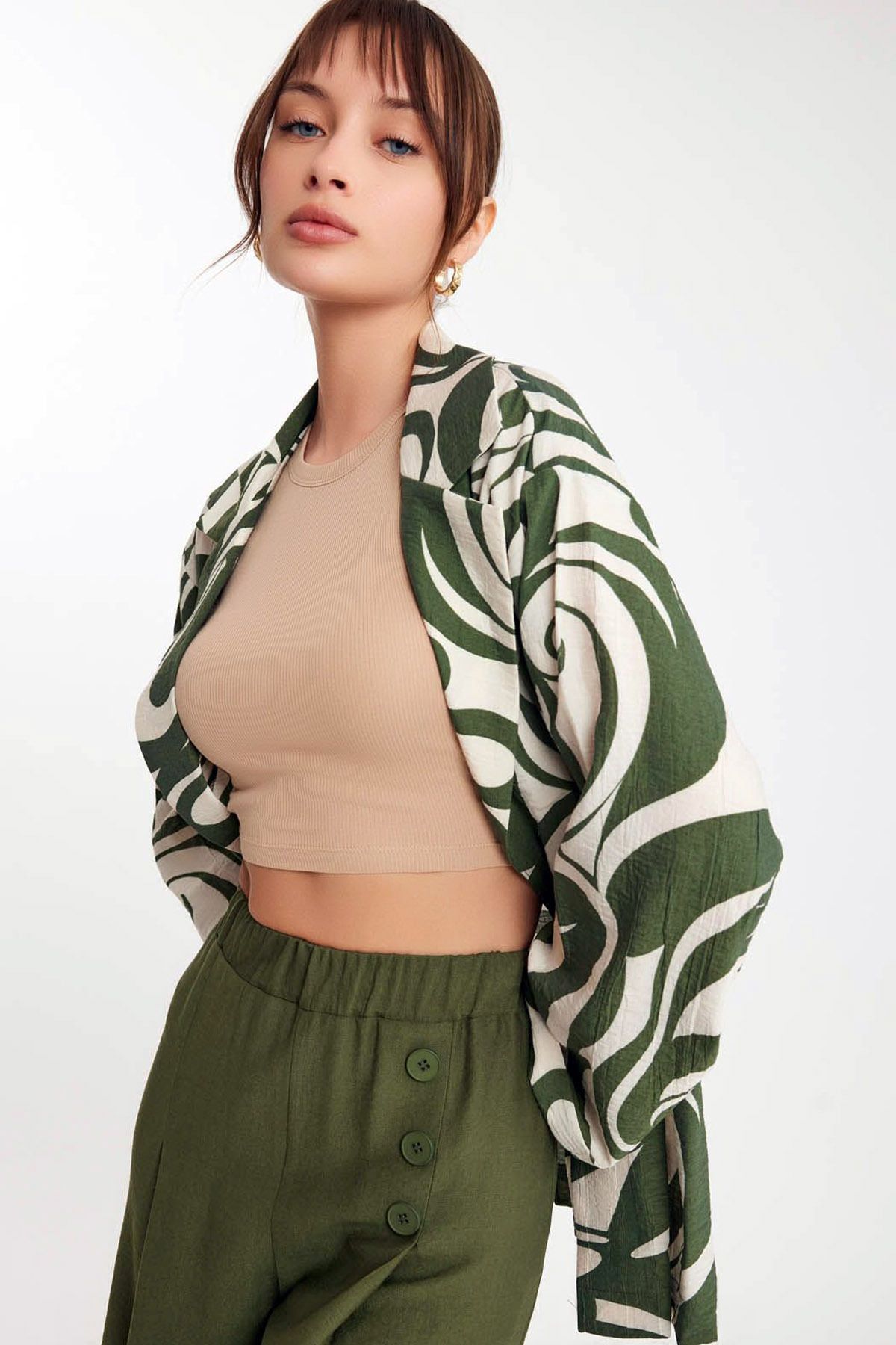 Ottawe Regular Fit Rahat Ceket Yakalı Uzun Kol Vatkalı Düğmesiz Astarsız Tarz Desenli Esnek Casual Ceket