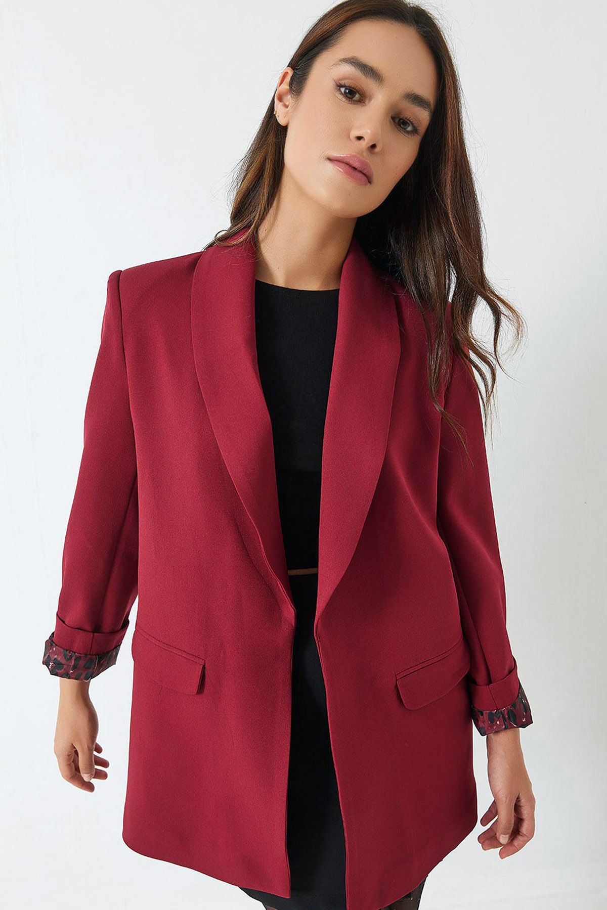 CoolLook Şal Yakalı Uzun Kollu Kapamasız Leoparlı Astarlı Rahat Kesim Vatkalı Günlük Blazer Ceket