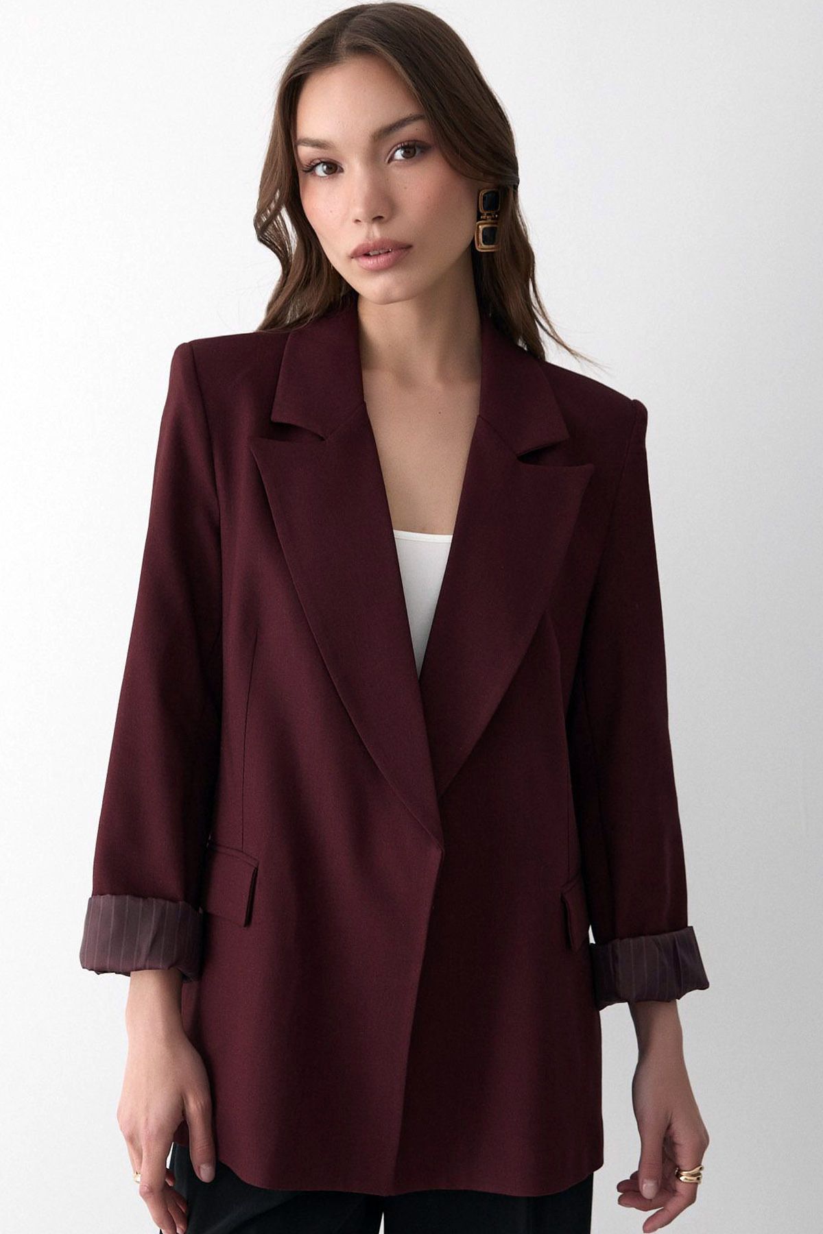 CoolLook Ceket Yakalı Uzun Kollu Kapamasız Çizgili Astarlı Rahat Kesim Uzun Kollu Vatkalı Günlük Blazer Ceket