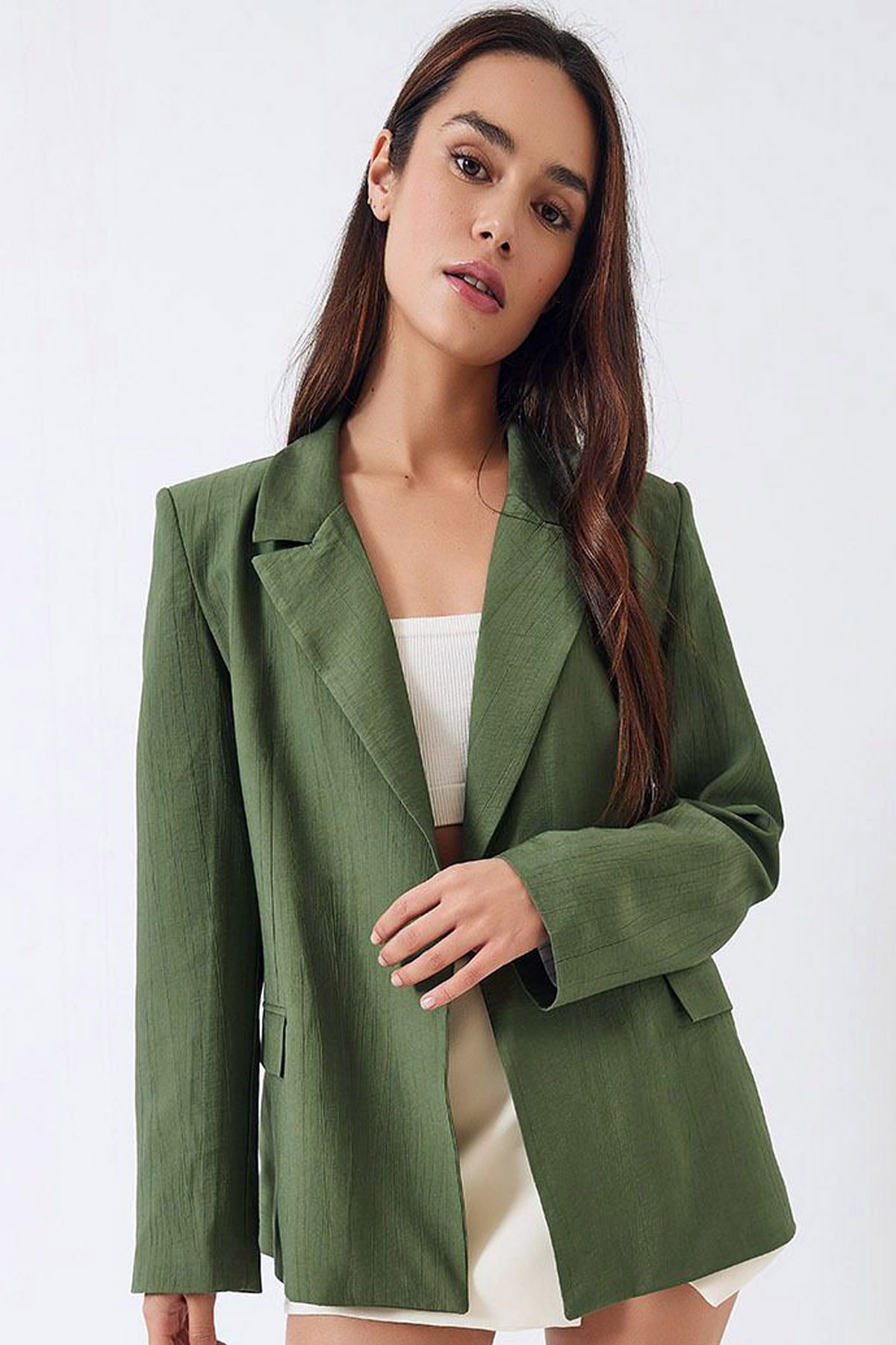 Ottawe Regular Fit Rahat Ceket Yakalı Uzun Kol Kapaklı Cepli Vatkalı Düğmesiz Tarz Casual Çilek Kumaş Ceket