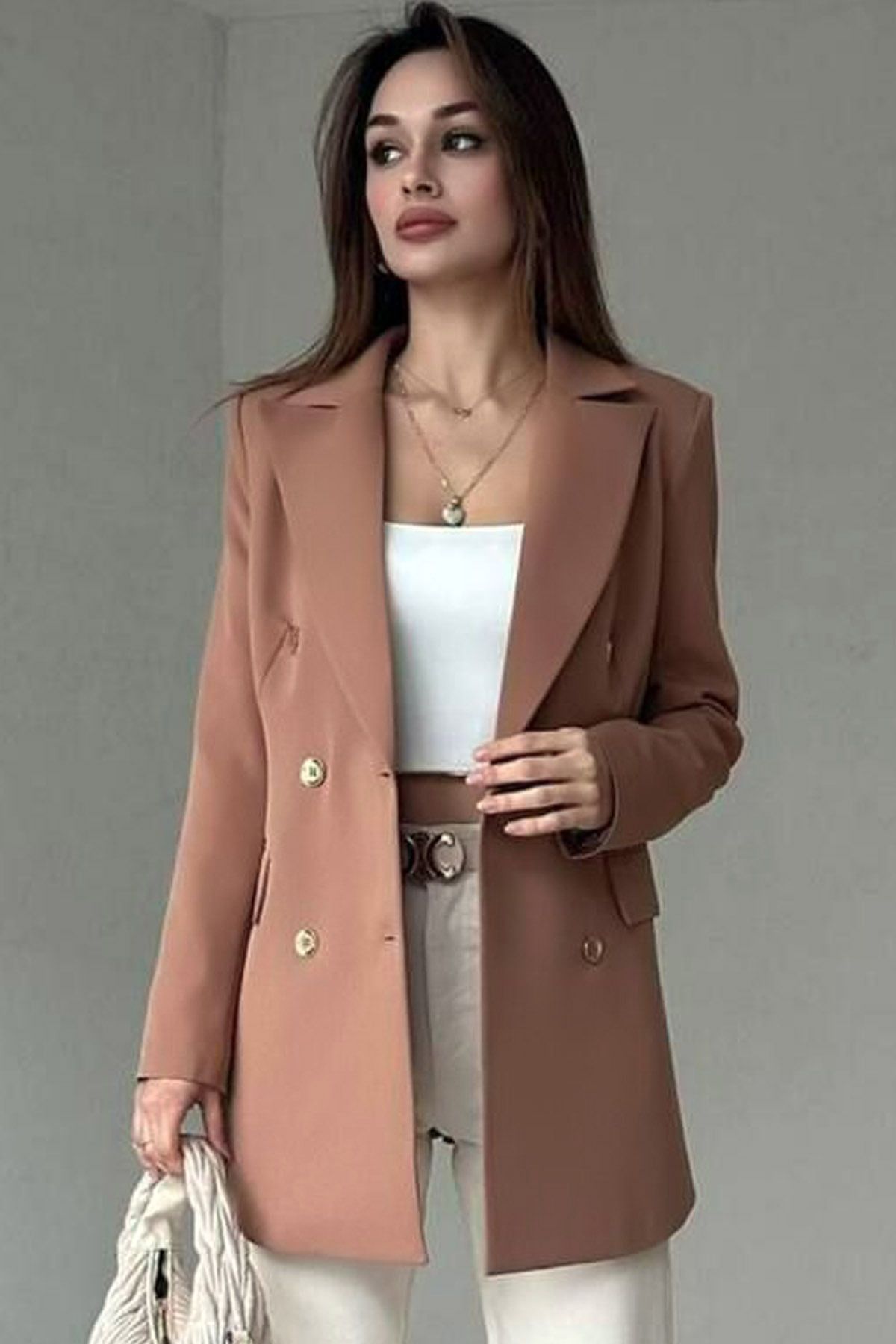 CoolLook Ceket Yaka Atlas Kumaş 6 Düğme Kapama Bel Oturmalı Uzun Kol Cepli Vatkalı Astarlı Blazer Ceket
