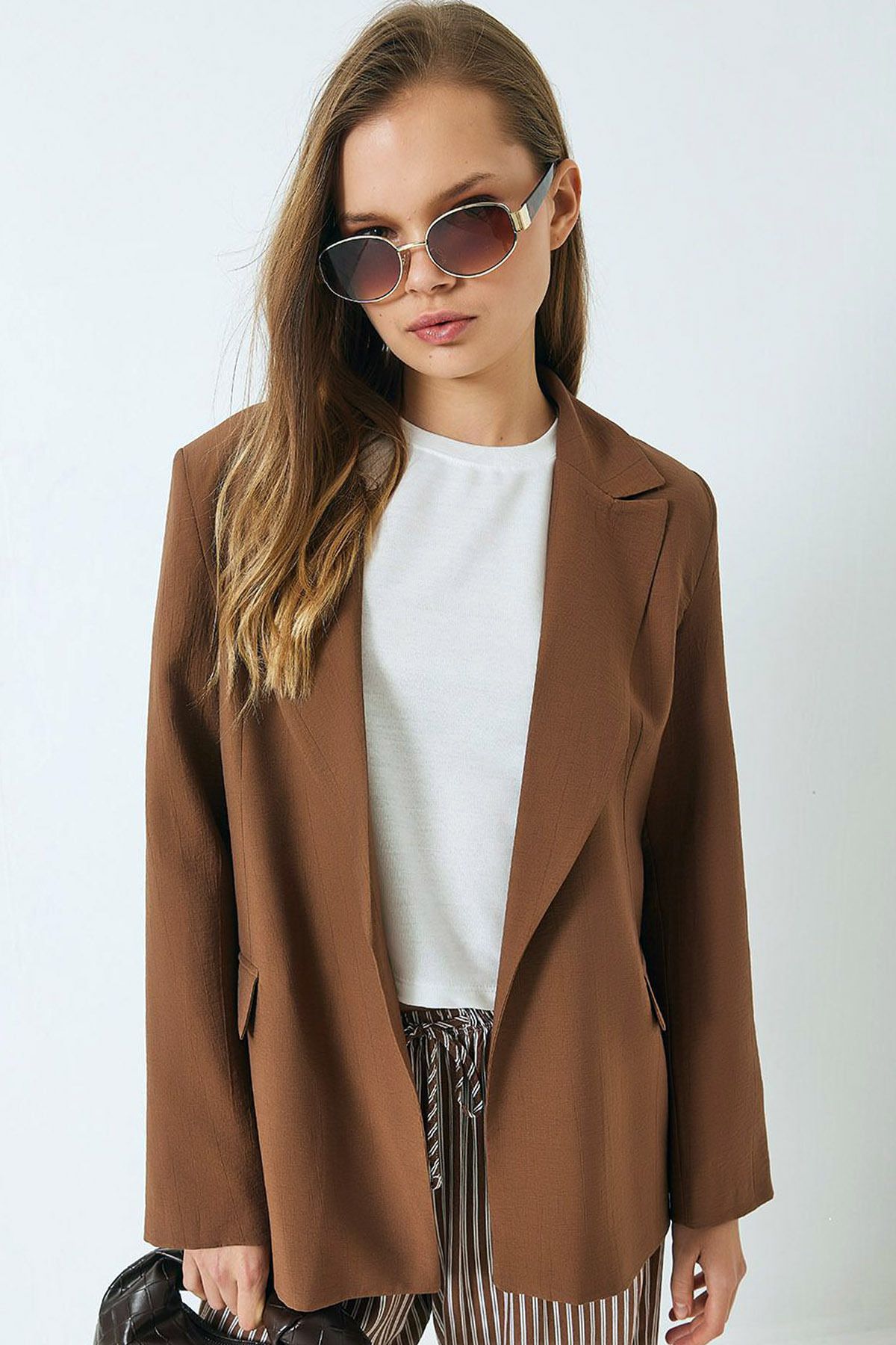 CoolLook Ceket Yakalı Kapamasız Çizgili Astarlı Rahat Kesim Uzun Kollu Vatkalı Günlük Blazer Ceket