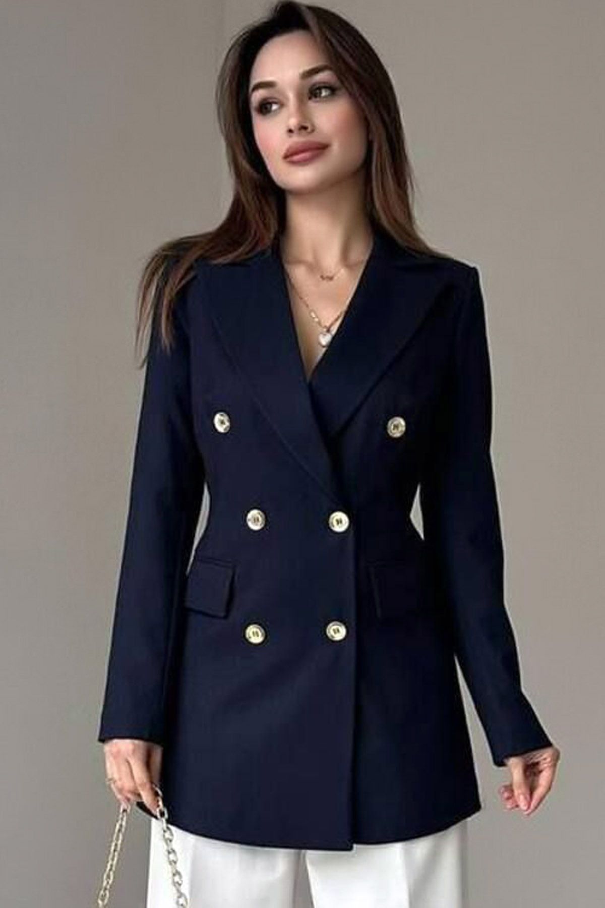 CoolLook Ceket Yaka Atlas Kumaş 6 Düğme Kapama Bel Oturmalı Uzun Kol Cepli Vatkalı Astarlı Blazer Ceket