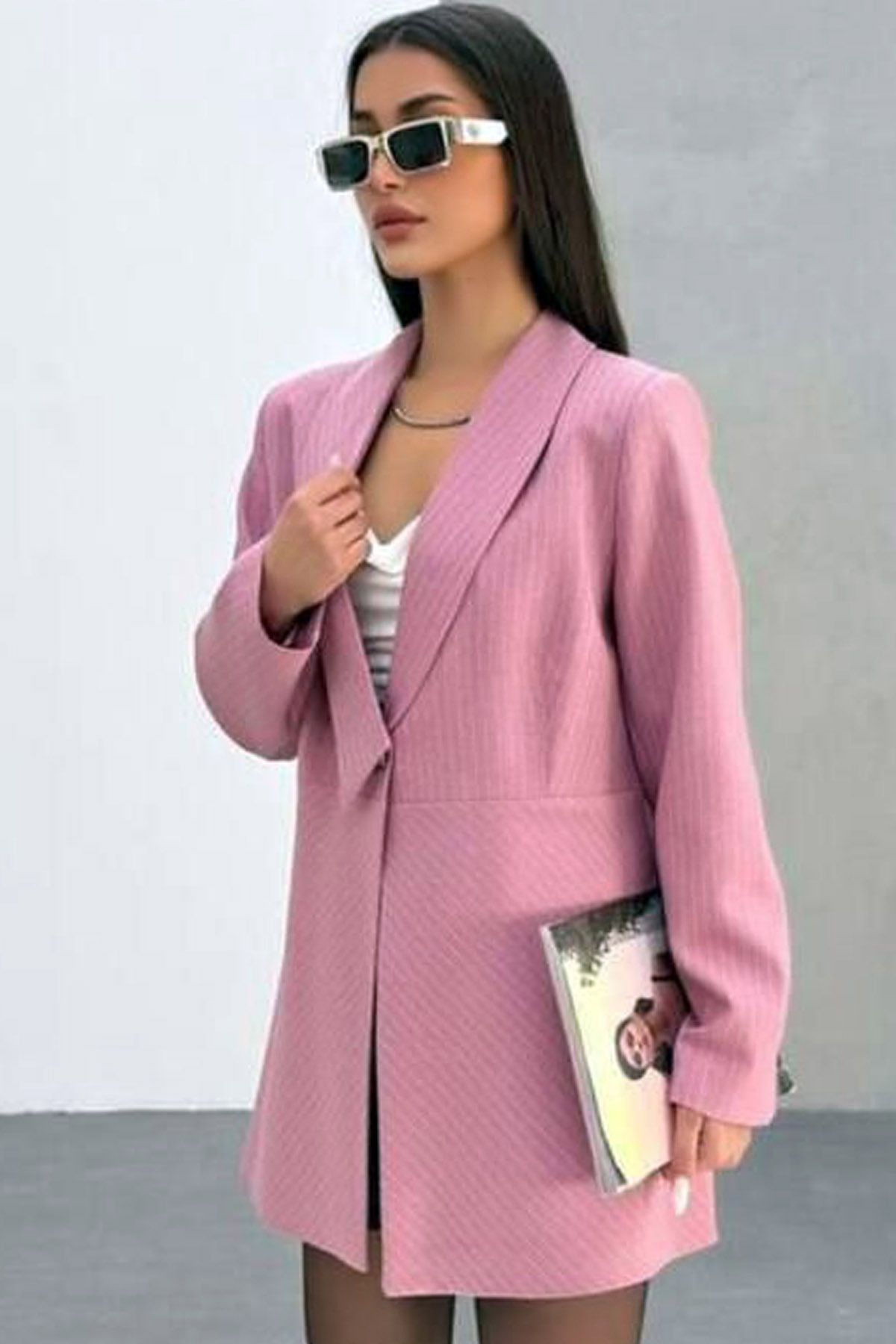 Ottawe Regular Fit Bel Oturtma Düğme Kapama Uzun Kol Cizgili Şal Yaka Vatka ve Astarlı Günlük Blazer Ceket