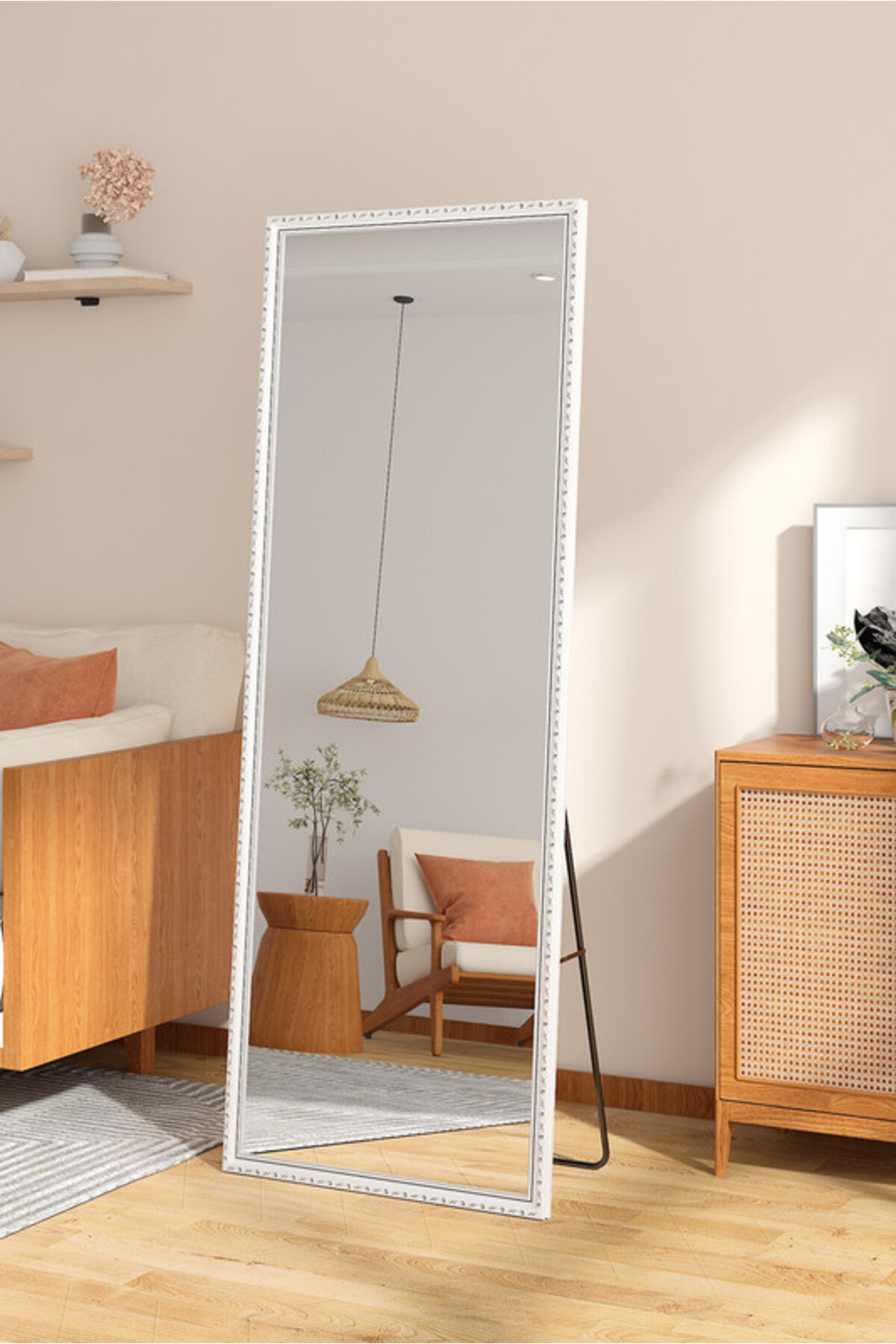 مرآة أرضية معدنية كاملة الطول بتصميم خشبي 160 × 50 سم، لون أبيض/فضي