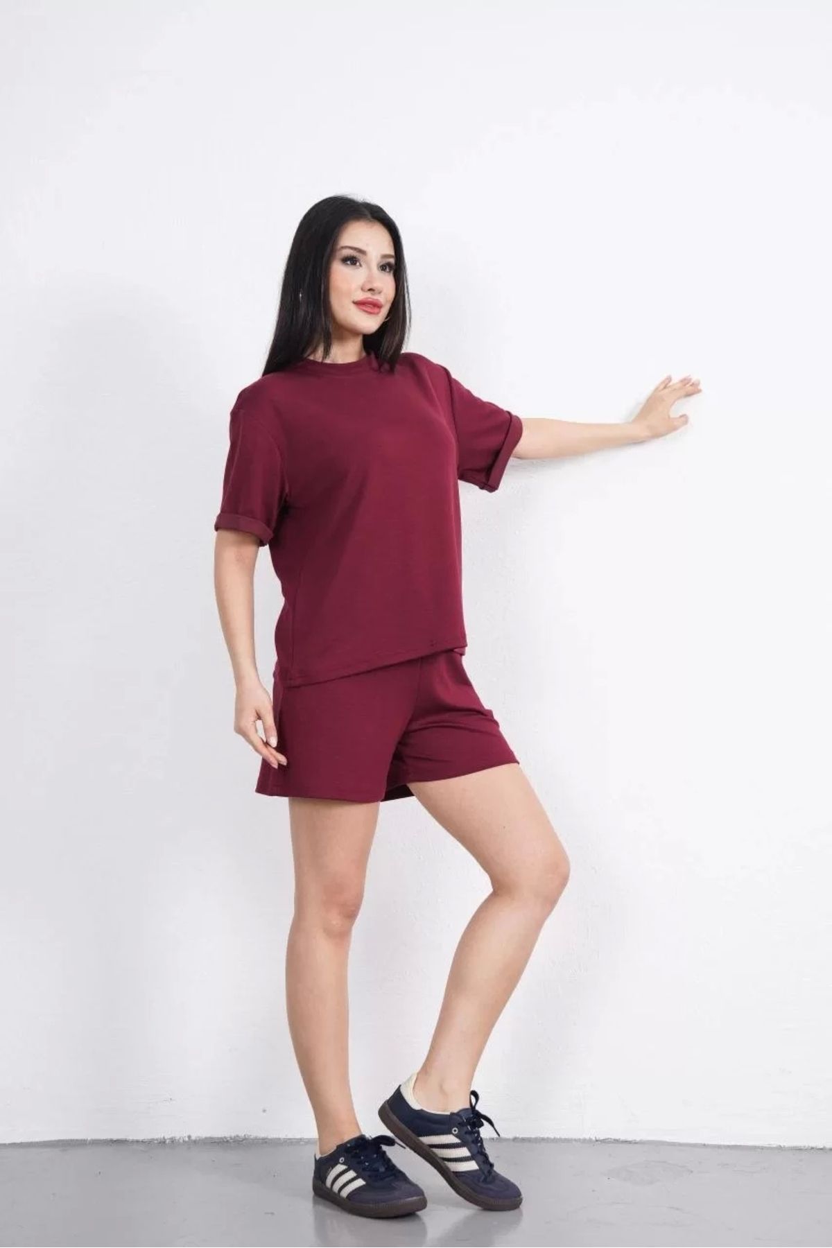 DİAWAYS Osy Modal yumuşak dokulu Kumaş Kadın Bisiklet Yaka T-shirt Kısa Şort İkili Takım - Bordo