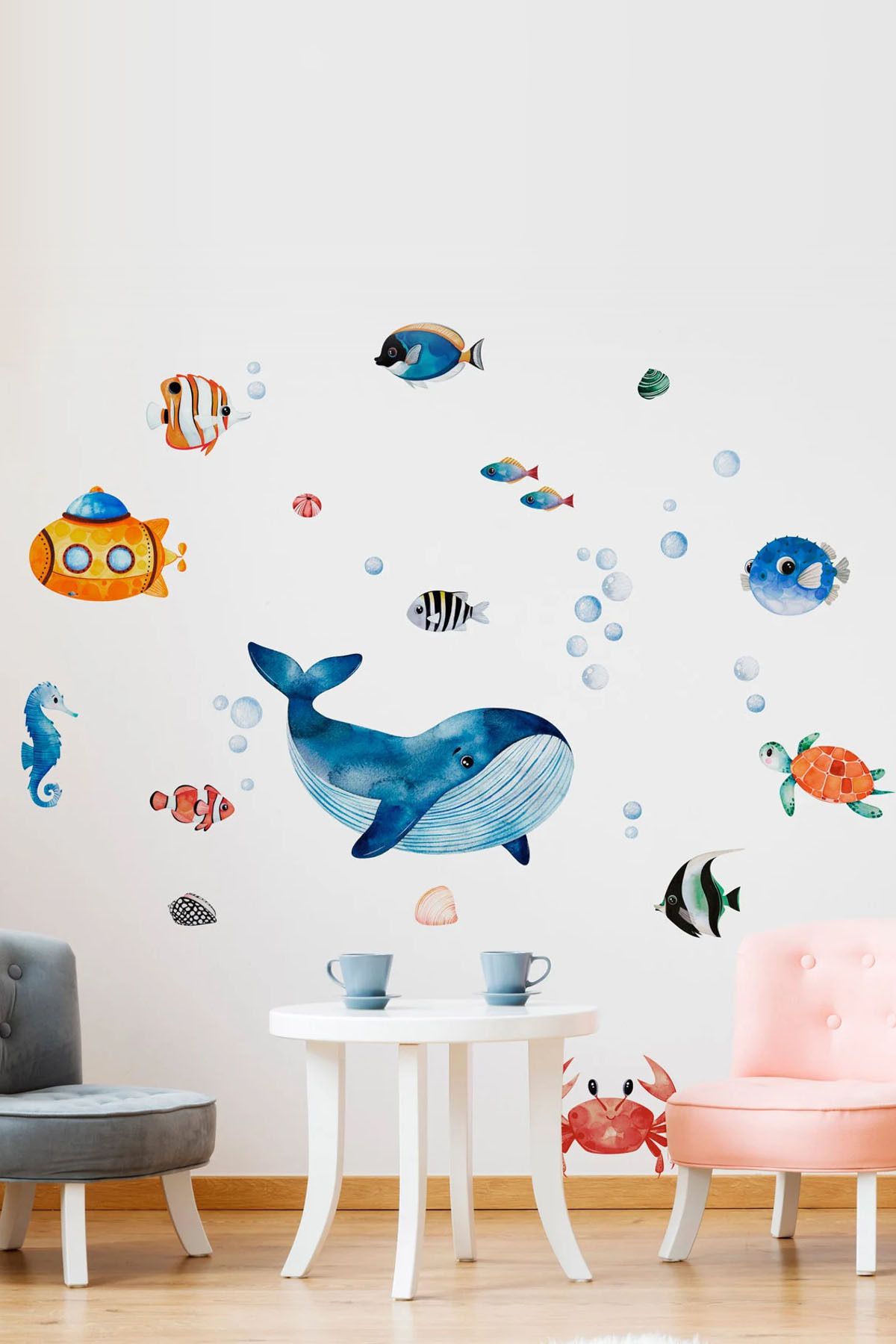 KT Decor Su Altı Dünyası Sevimli Balinanın Yolculuğu Çocuk Odası Duvar Sticker Seti