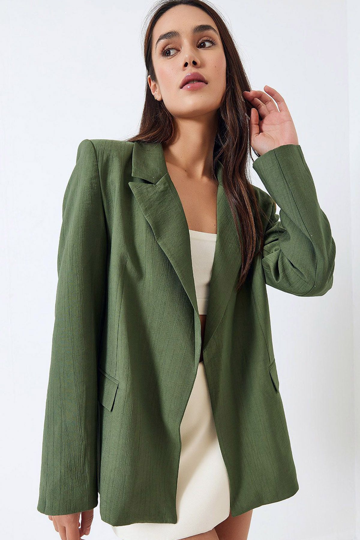 CoolLook Ceket Yakalı Kapamasız Çizgili Astarlı Rahat Kesim Uzun Kollu Vatkalı Günlük Blazer Ceket