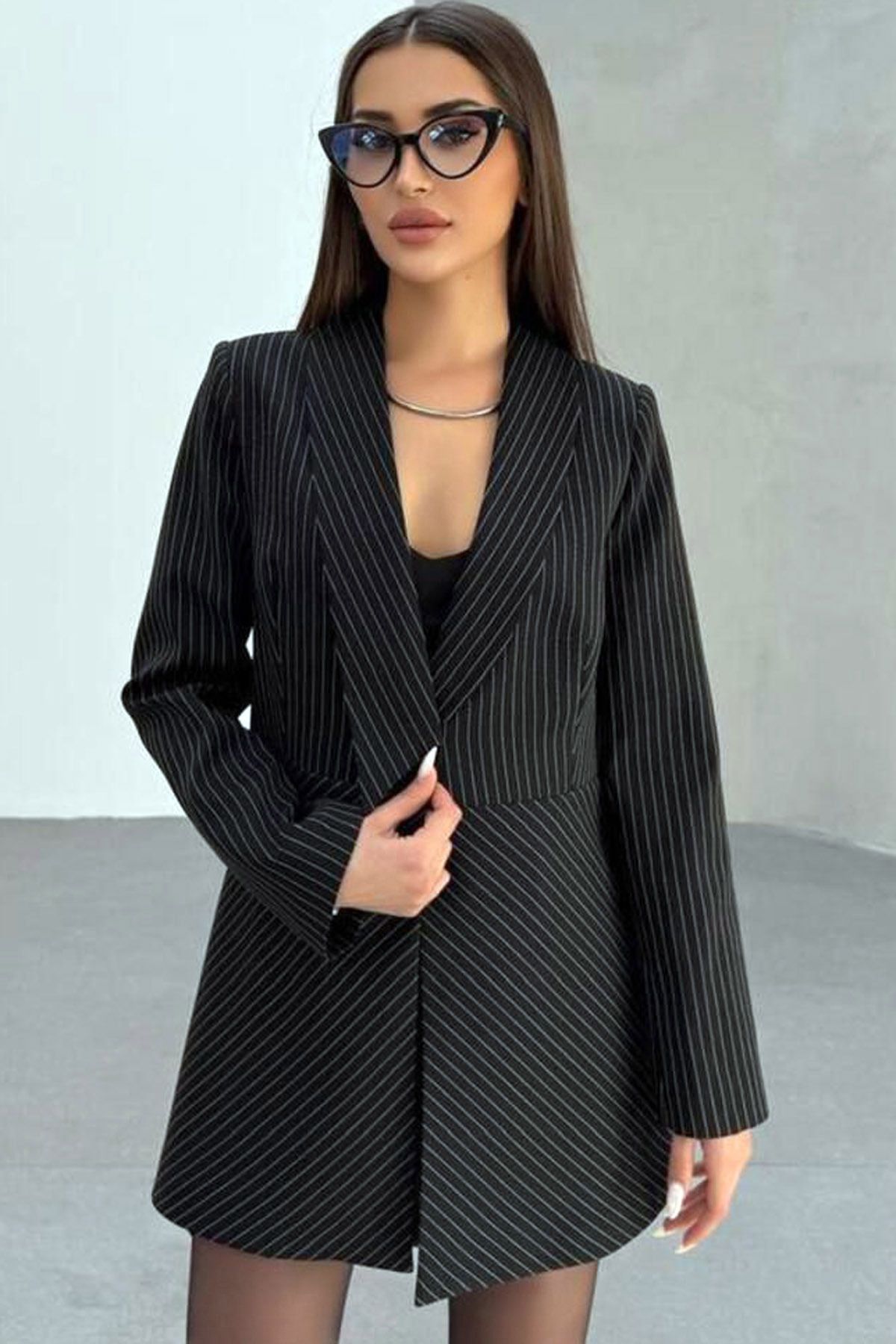 Ottawe Regular Fit Bel Oturtma Düğme Kapama Uzun Kol Cizgili Şal Yaka Vatka ve Astarlı Günlük Blazer Ceket