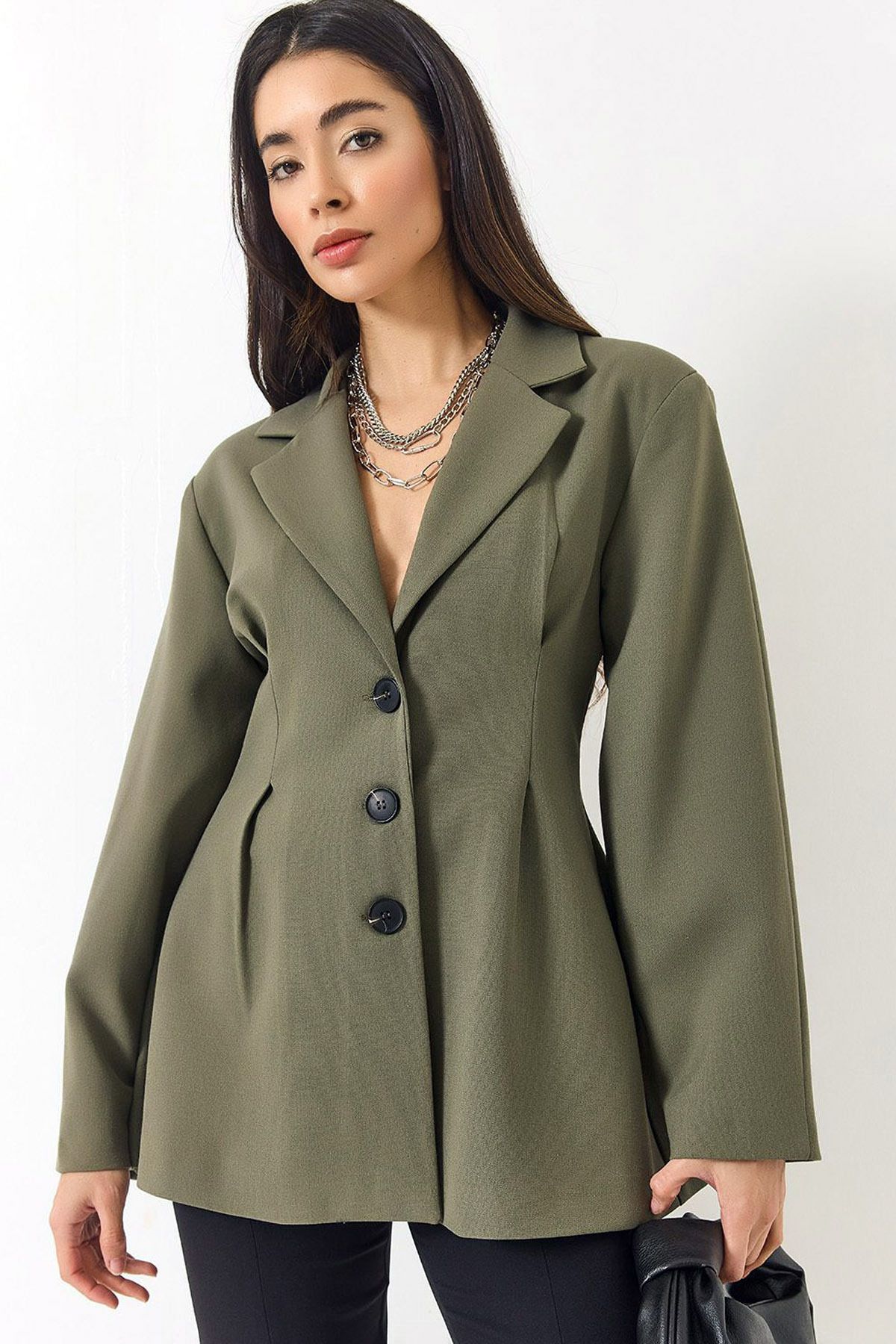 CoolLook Bel Otutmalı Çentikli Ceket Yaka Uzun Kollu Düğme Kapama Astarlı Vatkalı Esnek Günlük Blazer Ceket