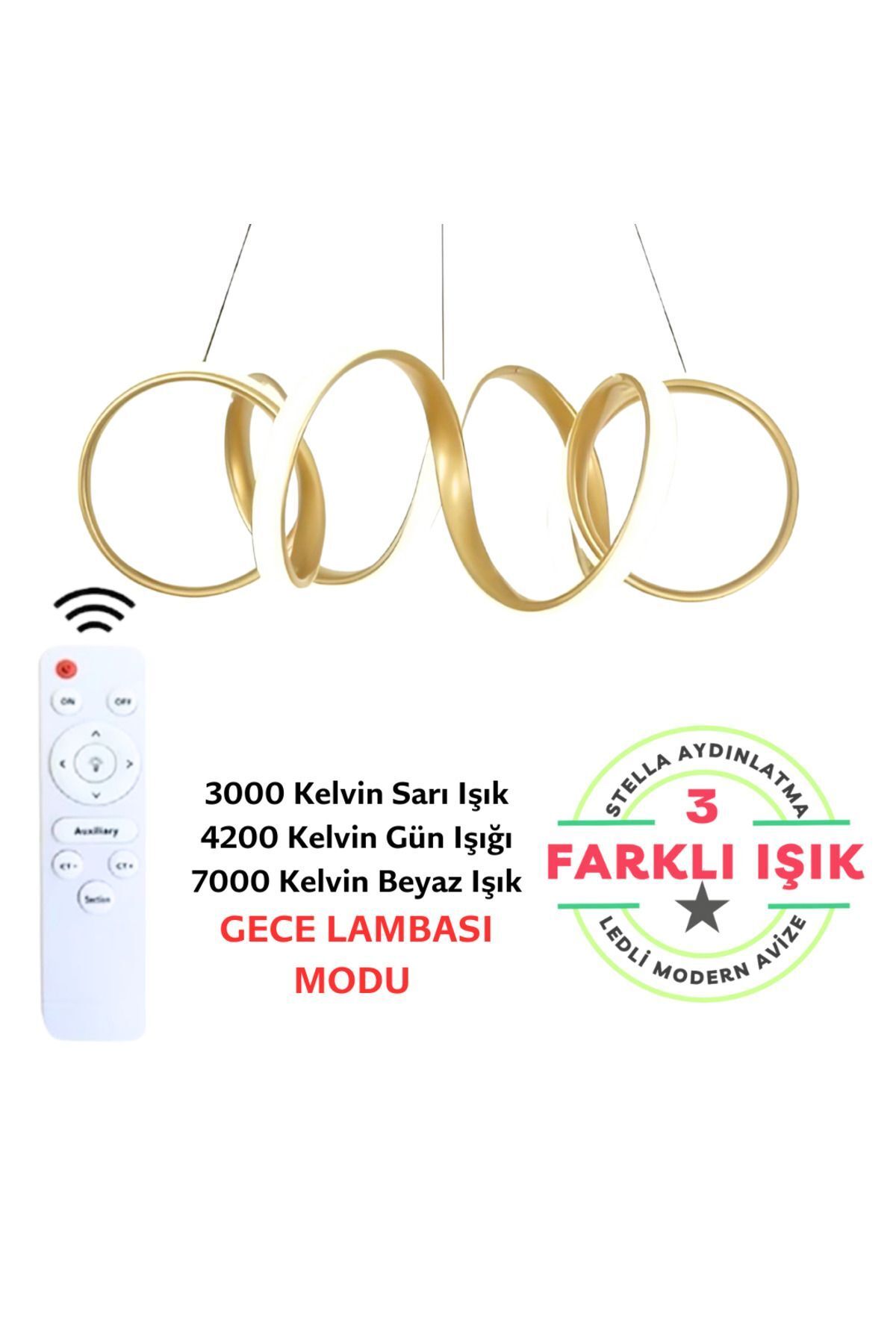 Stella sarı gold eskitme kumandalı avize 3 farklı ışık salon ofis iş yeri oturma odası mutfak yatak odası