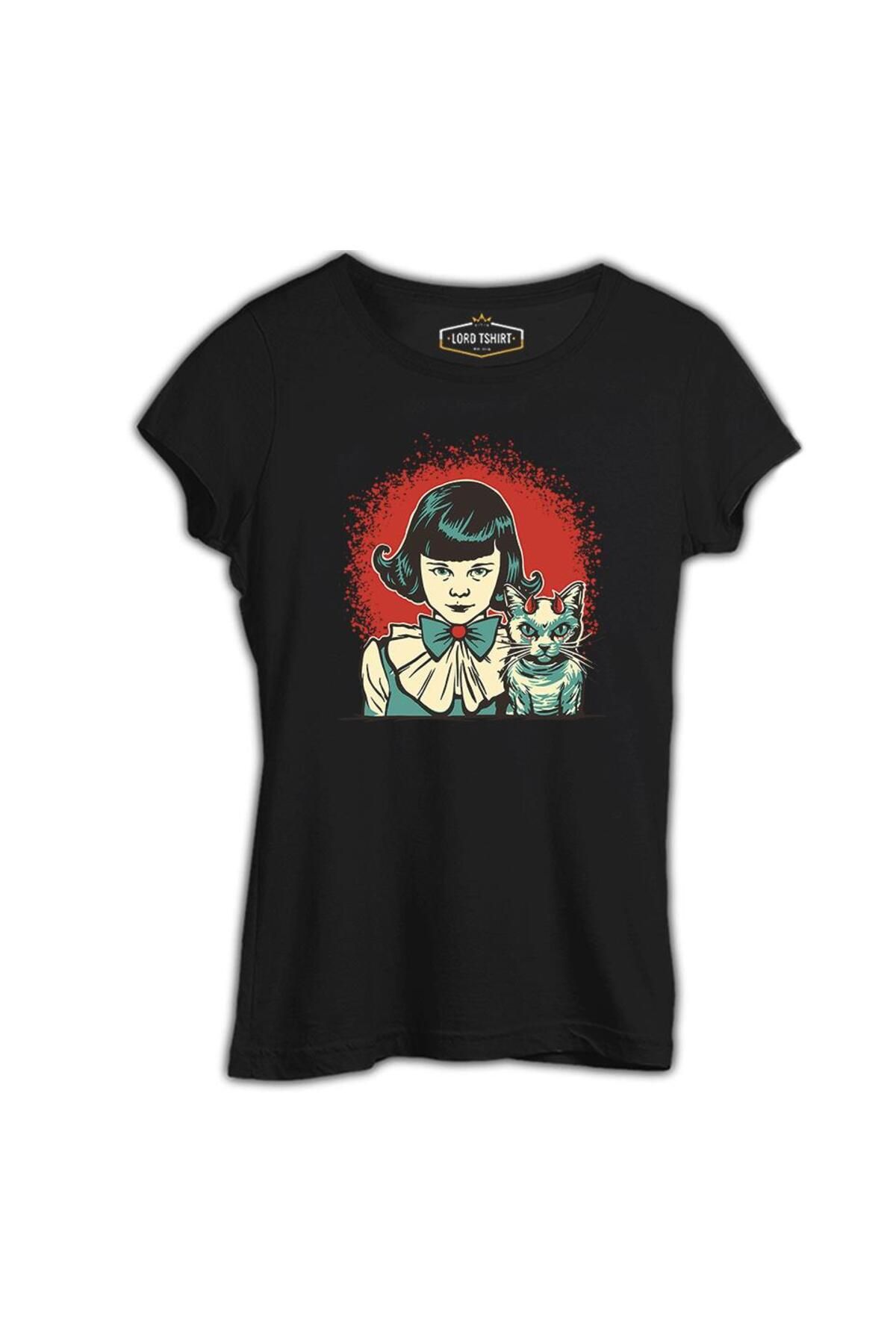 Lord T-Shirt Gizemli Cadılar Bayramı - Mistik Kız ve Maskot Kedi Siyah Tshirt