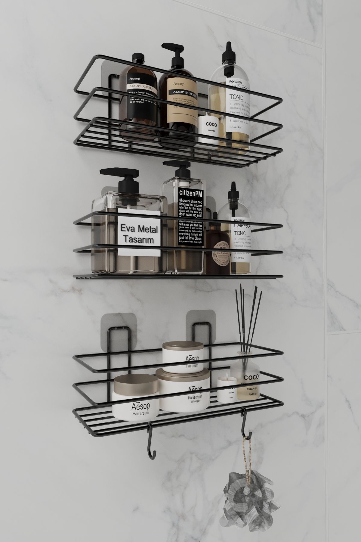EVA METAL TASARIM 3'lü Set Yapışkanlı 2 Kancalı Paslanmaz Banyo Rafı Mat Siyah Banyo Şampuanlık Duşakabin Duş Askısı