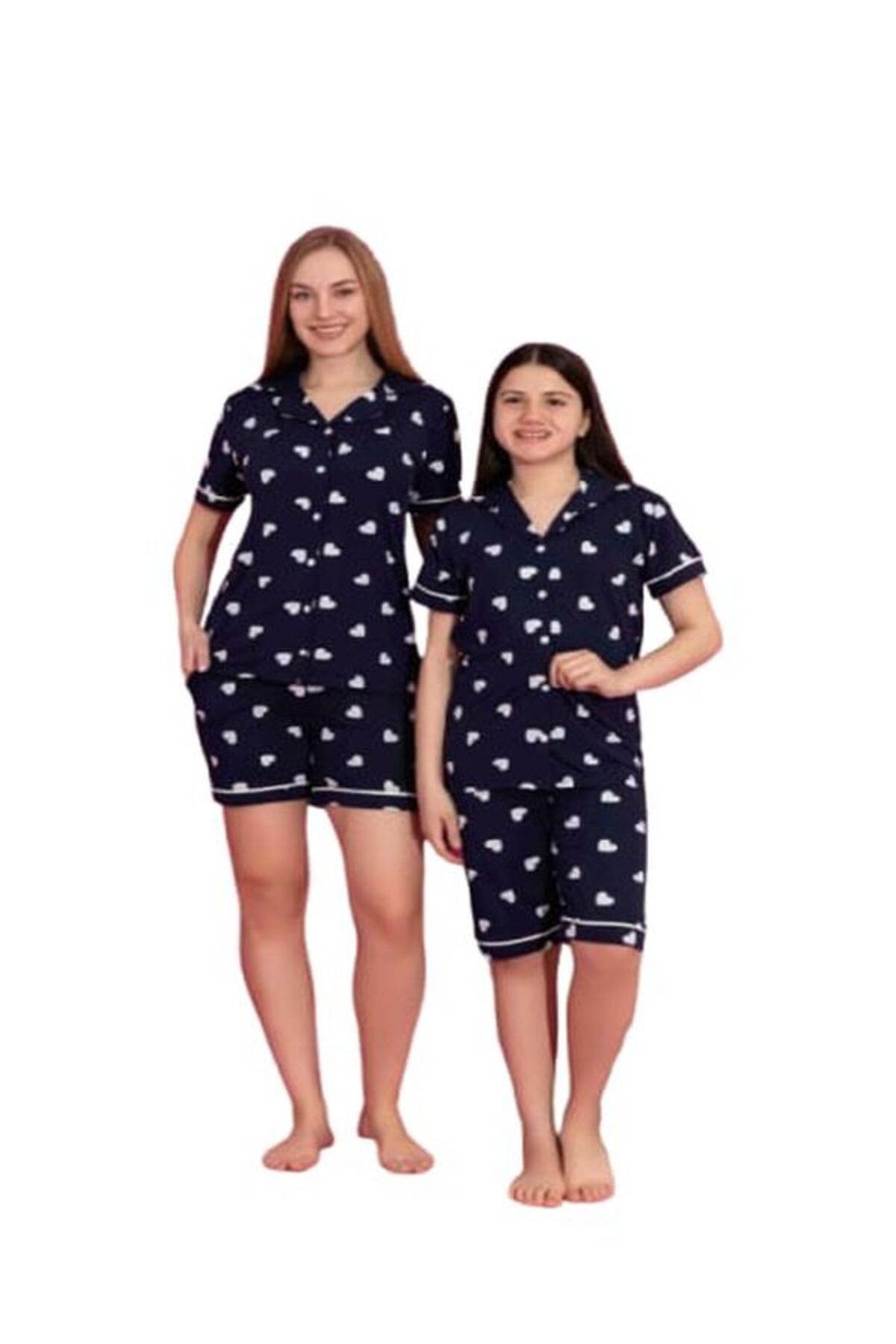 Tarık Kadın Milan Kumaş Gömlek Yaka Boydan Düğmeli Lacivert Kalp Desen Kısa Kol Şortlu Pijama Takımı