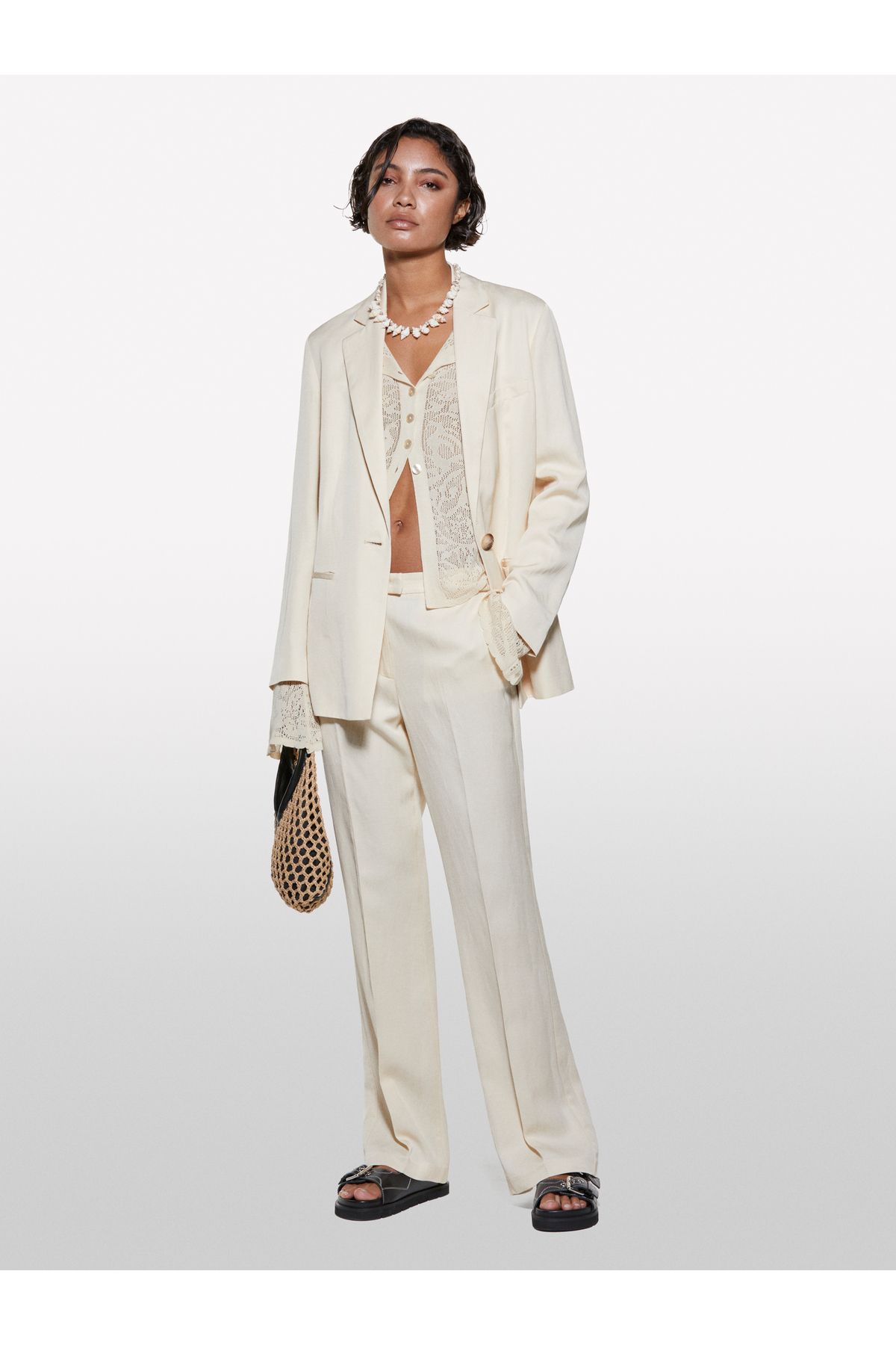 Sisley Kadın Şampanya Keten Karışımlı Normal Bel Straight Fit Pantolon