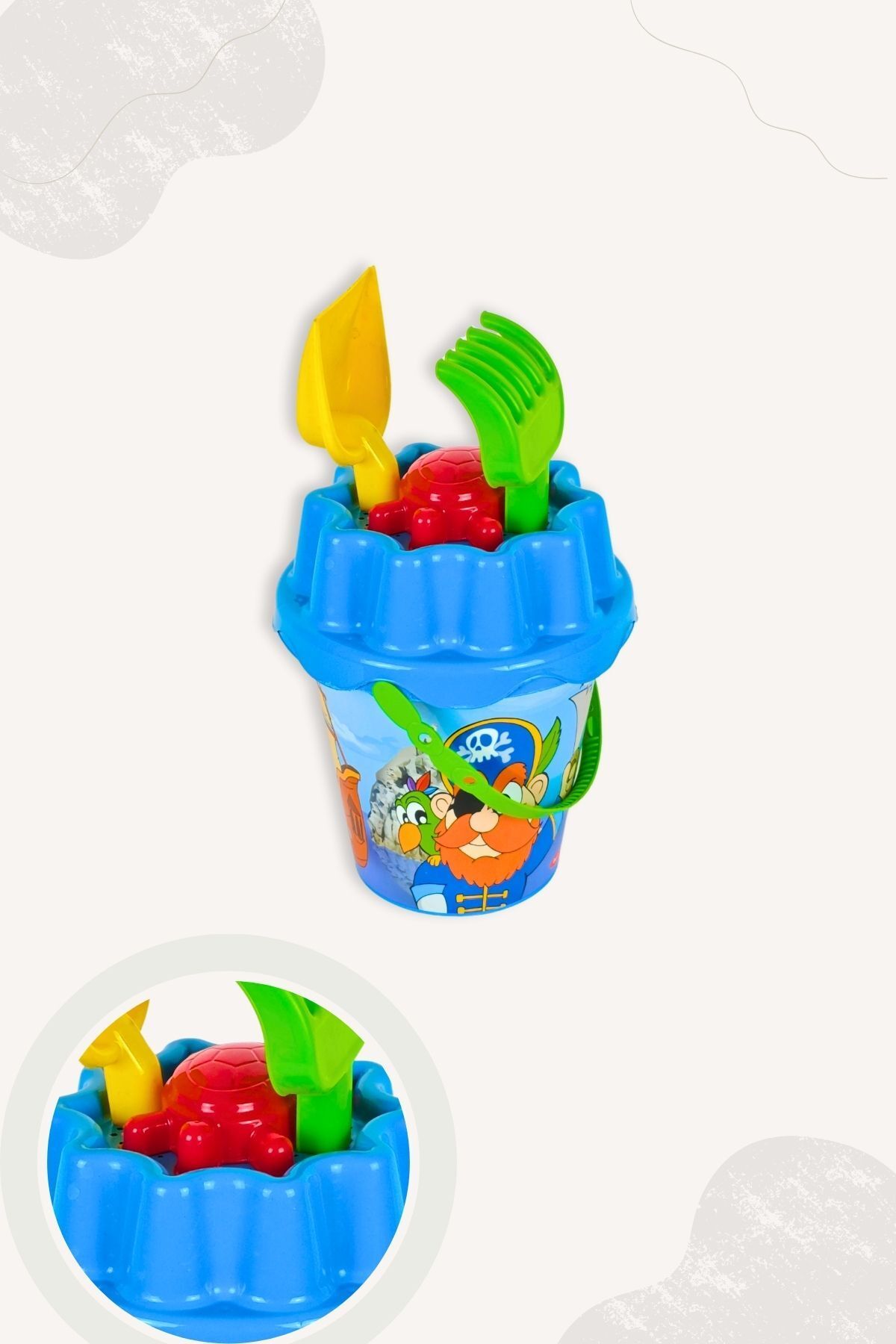 BubbyPlay Korsan Büyük Yaz Plaj Kova Seti Kova, Kürek, Tırmık, 1 Kum Kalıbı Karışık Renkli