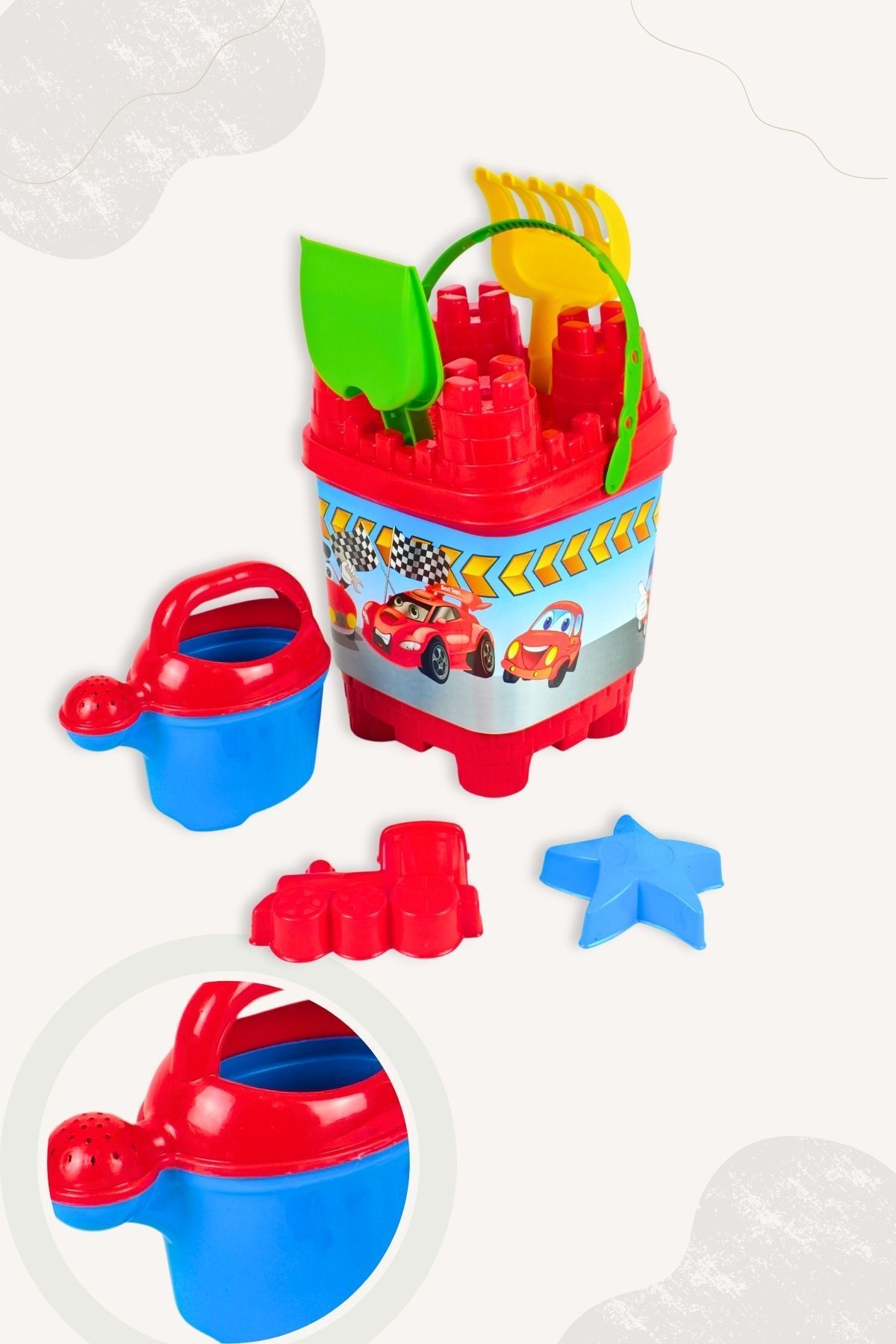 BubbyPlay Araba Kale Kova Yaz Plaj Seti Kova, Ibrik, Kürek, Tırmık, 2 Kum Kalıbı Karışık Renkli