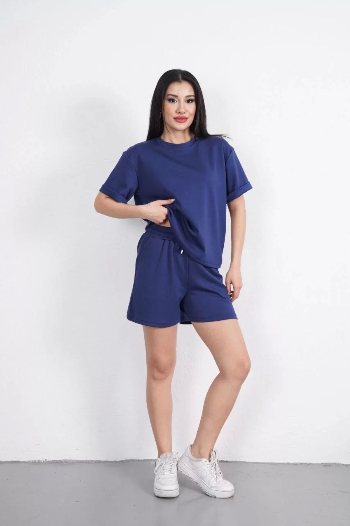 LUSHİOWEAR Osy Modal yumuşak dokulu Kumaş Kadın Bisiklet Yaka T-shirt Kısa Şort İkili Takım - Mavi
