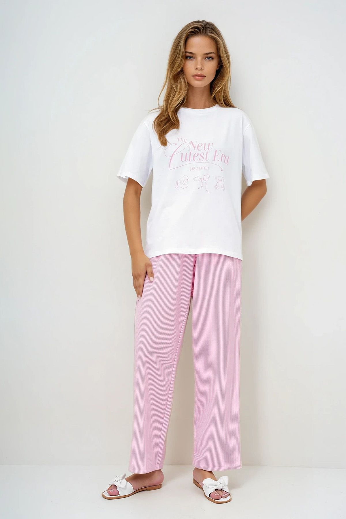 VAGGON Kadın Pembe Yazı Baskılı Basic T-shirt Ve Çizgili Pantolonlu Örme Pijama Takımı Pjmx13920