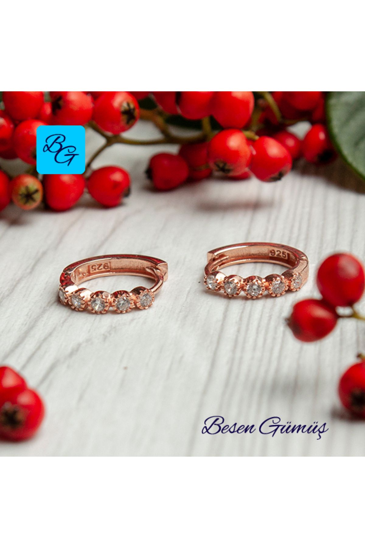 Besen Gümüş Rose Zirkon Taşlı Beş Taş Halka Küpe