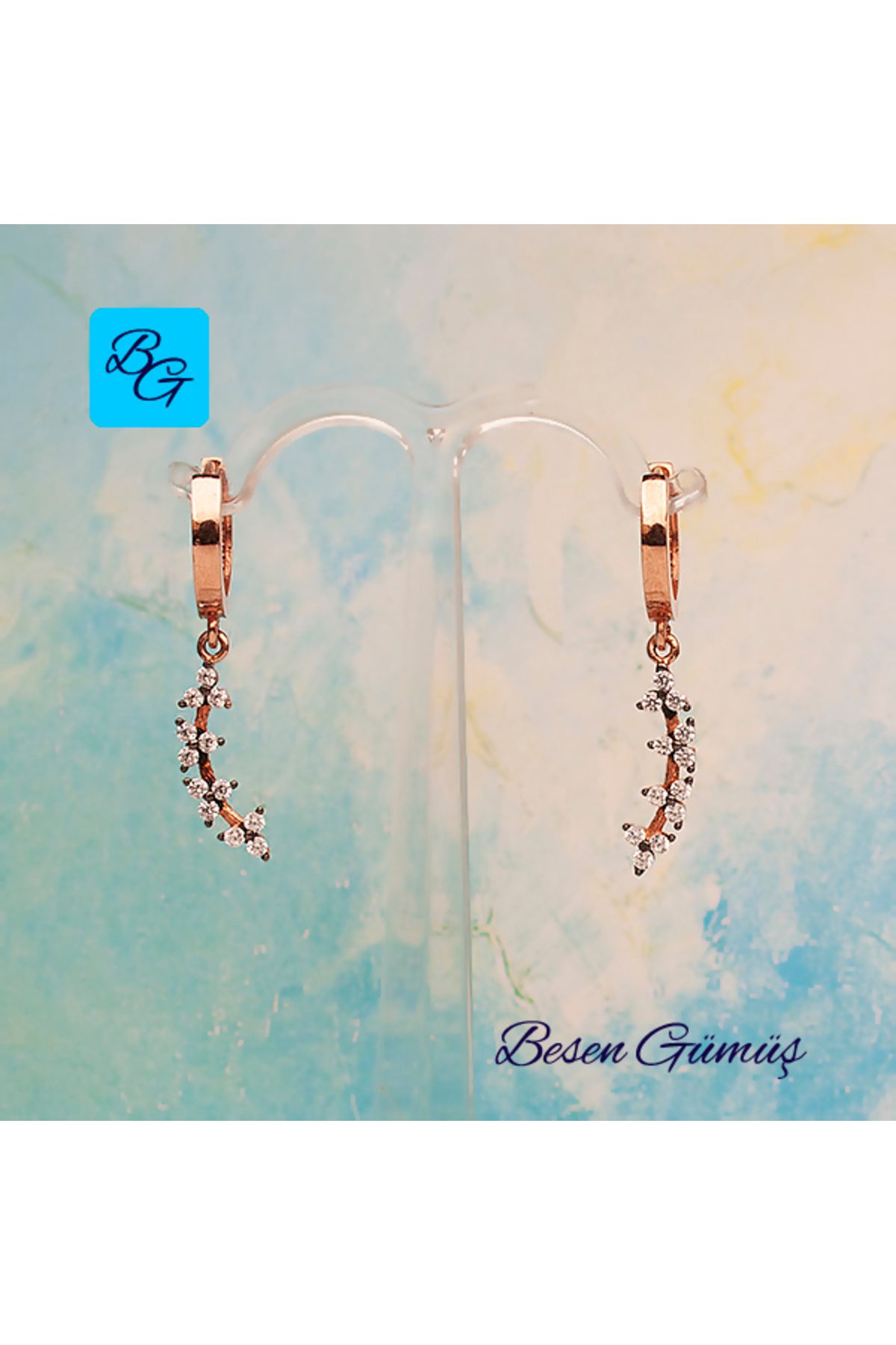 Besen Gümüş Rose Zirkon Taşlı Dal Üzerinde Çiçekler Sallantılı Halka Küpe