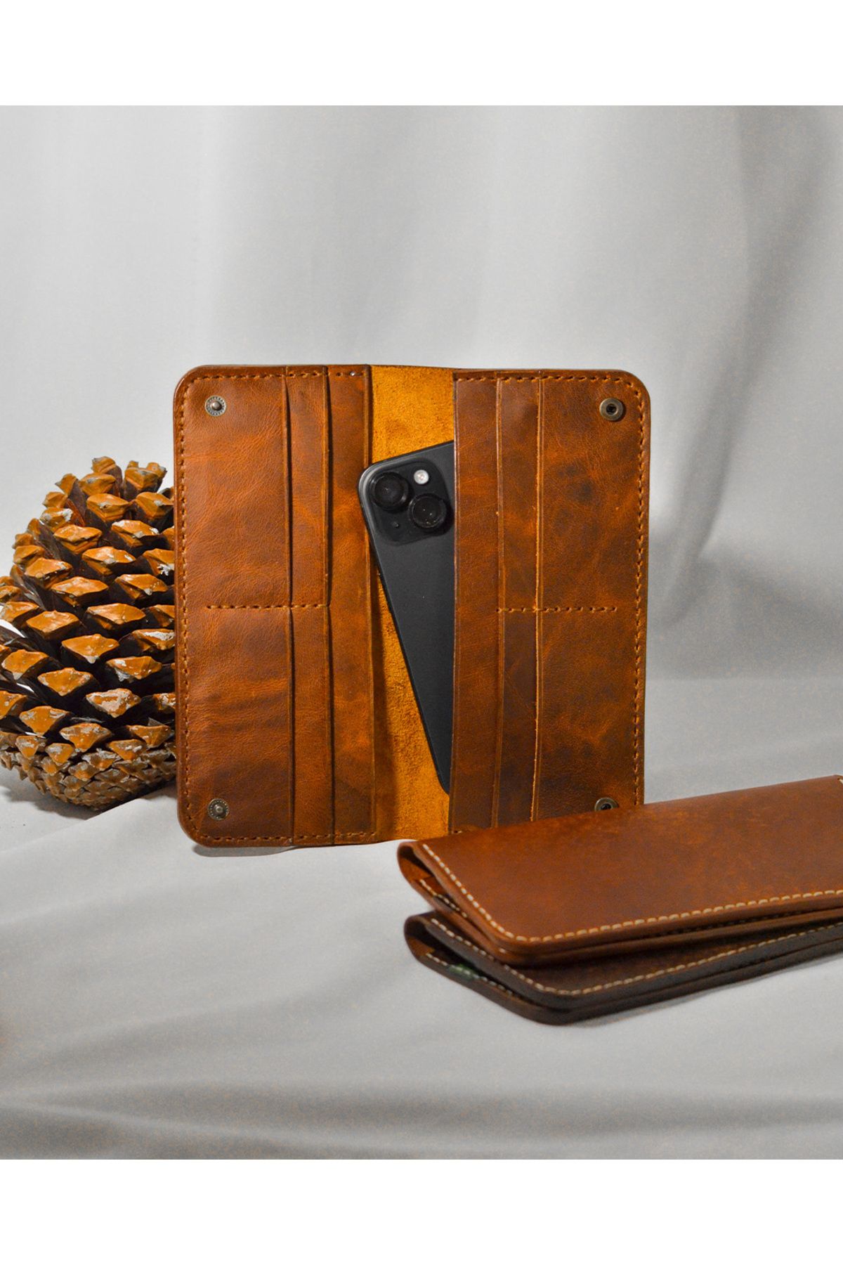 Glare Leather Goods Telefon Bölmeli Cüzdan - Hakiki Deri Cüzdan - Telefon Hazneli Uzun Cüzdan Camel