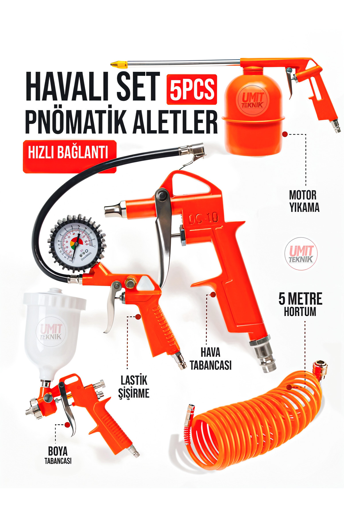 PROXTECH Ful Takım 5 Parça Havalı Kompresör Seti Boya, Motor Temizlik ve Lastik Şişirme Kompresör Takımı