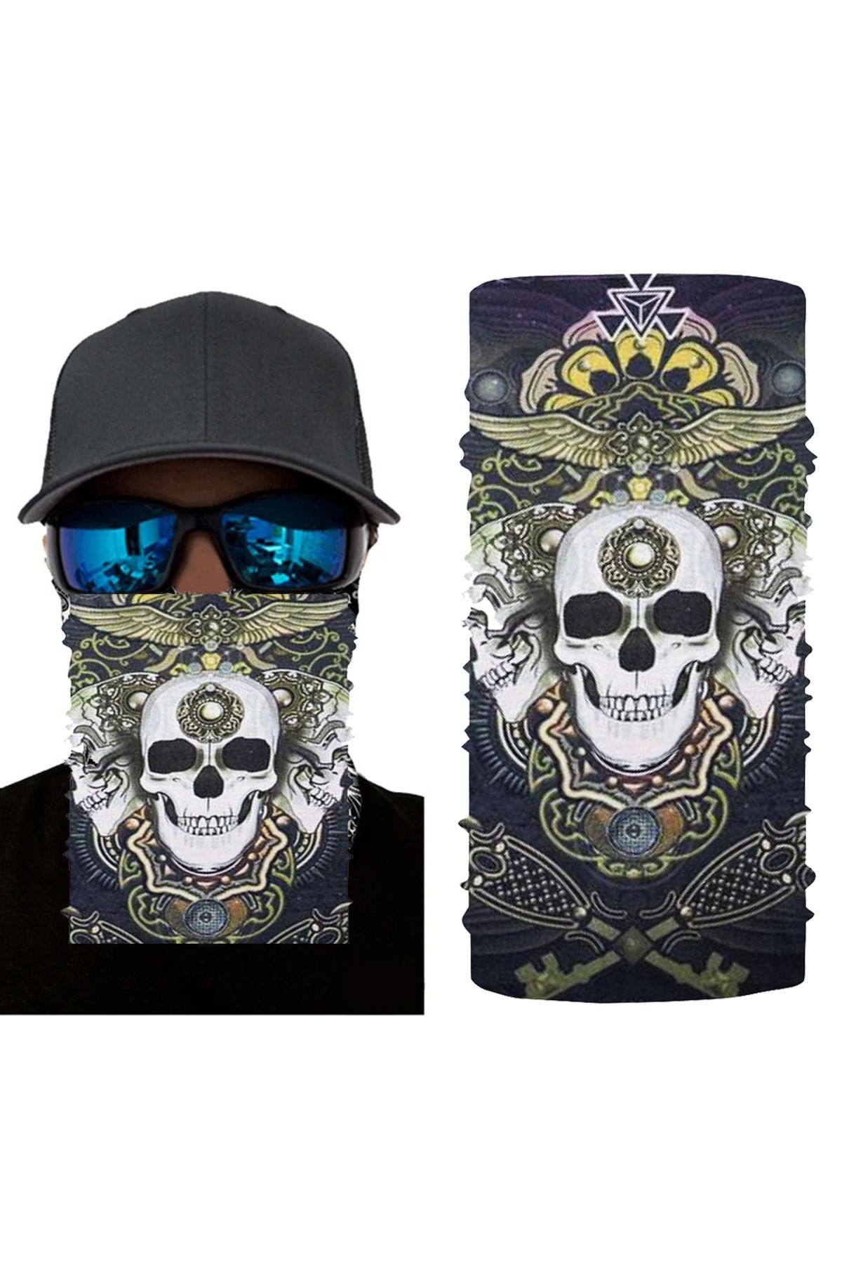Skygo Siyah Renk Üzeri Likralı Beyaz Kafatası Kuru Kafa Baskılı Baf Buff Bandana 28x45 cm