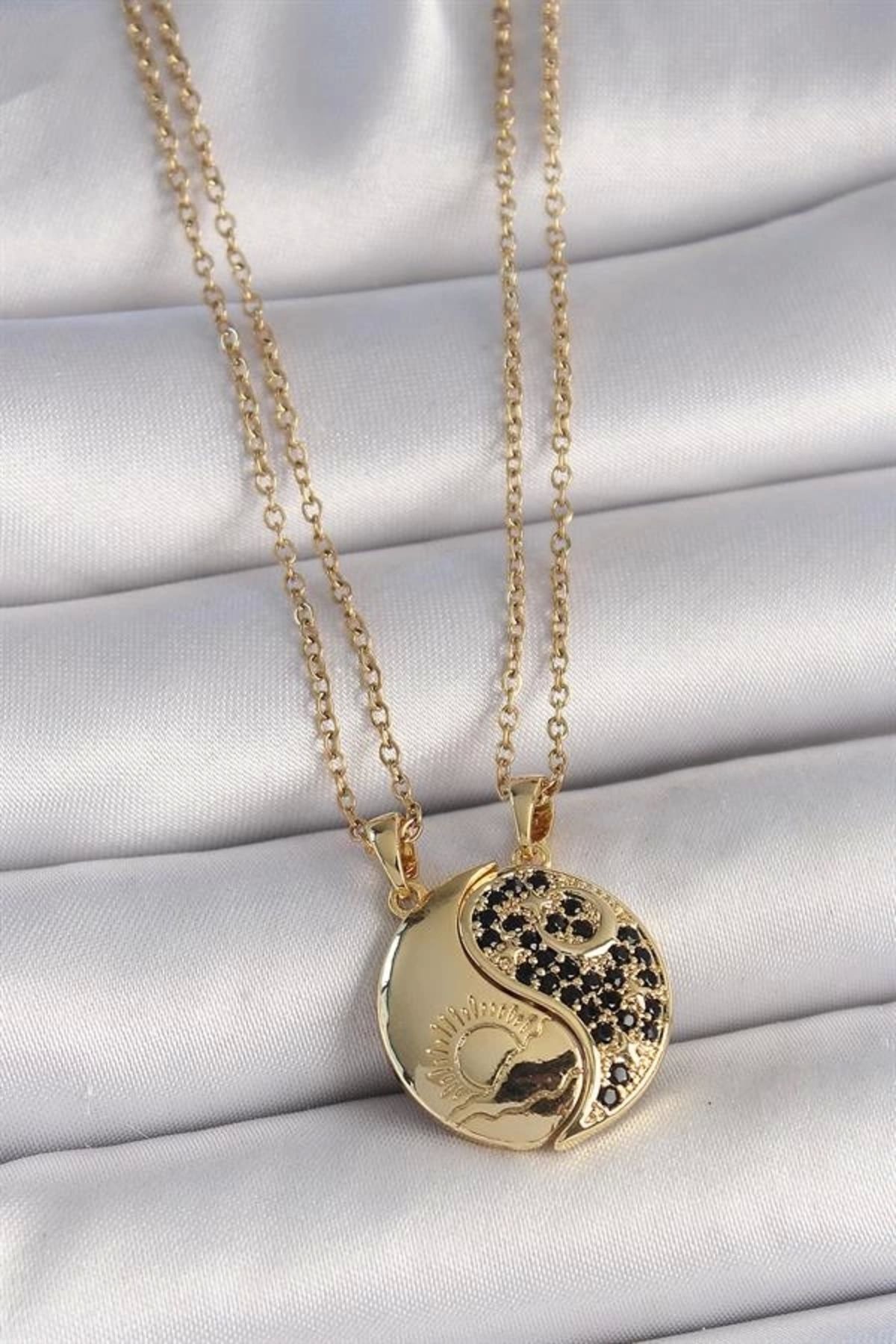 FASHIONLINE 316L Çelik Gold Renk Zincir Zirkon Taşlı Ying Yang Model Gün Batımı İşlemeli Arkadaşlık Kadın Kolye