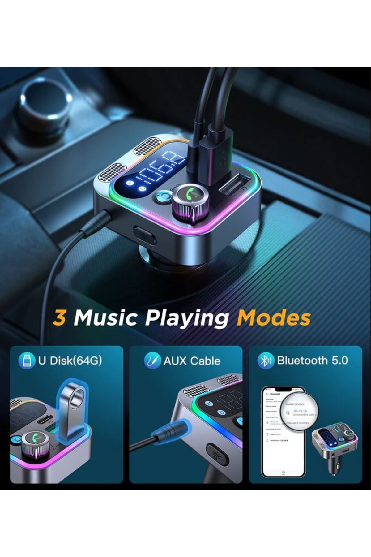 REDz Accessories-Încărcător auto cu modulator FM, Joyroom JR-CL16, BT 5.3, 1 x USB și 1 x tip C, negru 5