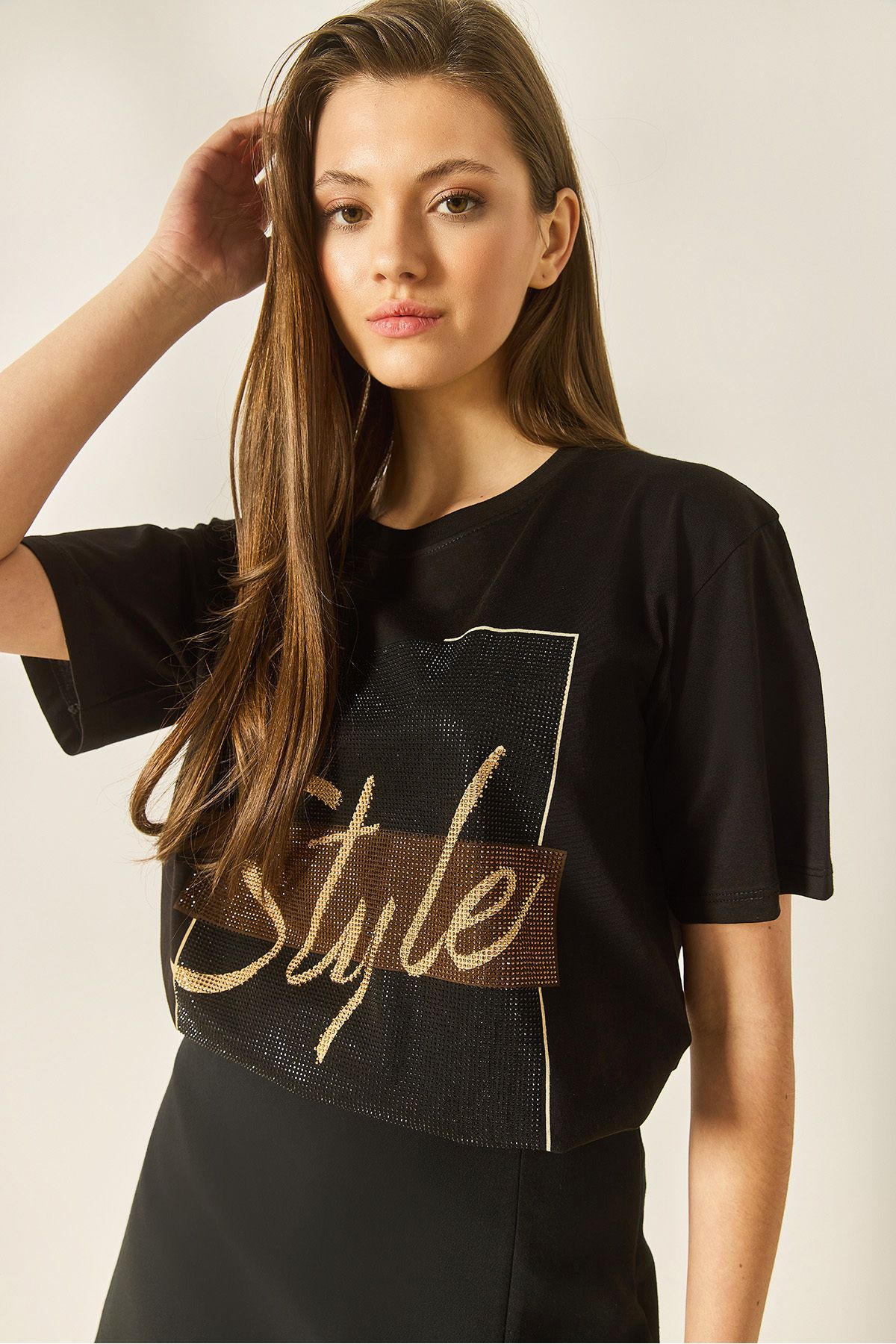 Bianco Lucci Kadın Style Yazılı Taş Baskılı Rahat Kalıp Pamuklu T-Shirt 1610 60283282