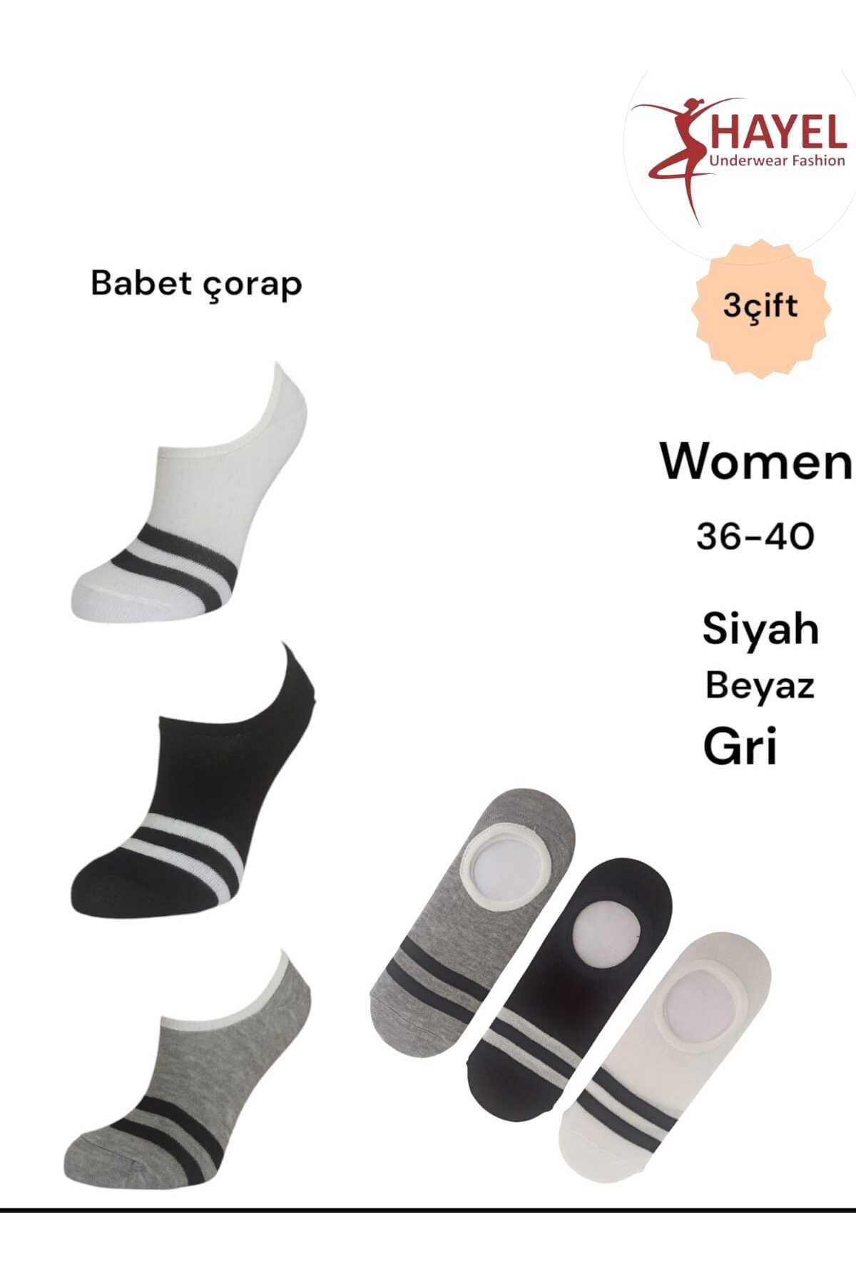 HAYEL 3 Çift Çember Desen Siyah Gri Ve Beyaz Pamuklu Kadın Babet Çorap