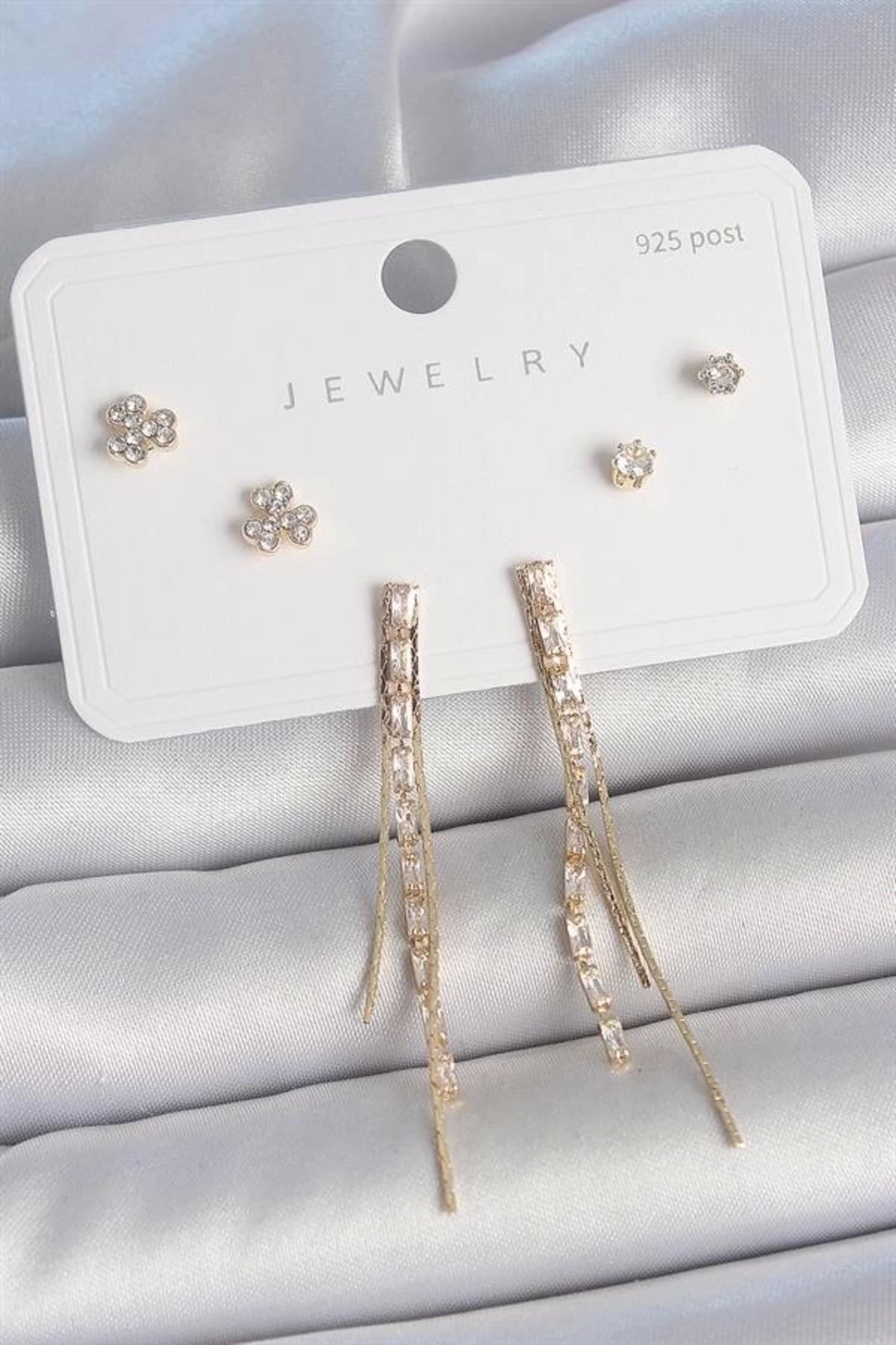 FASHIONLINE Pirinç Gold Renk Su Yolu Zirkon Taşlı Sallantı Model Çiçek Detay 925 Ayar Gümüş Çivi Kadın Küpe Seti