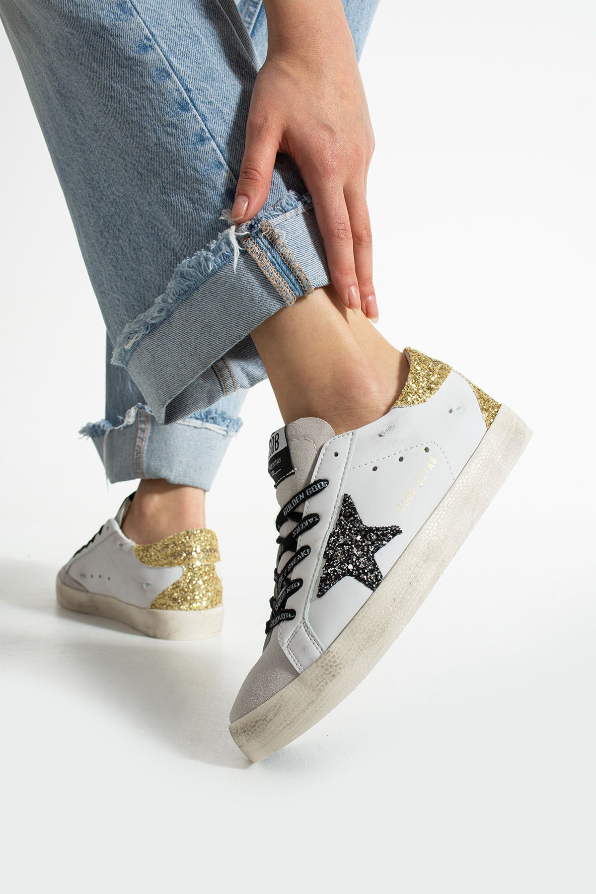 TubiBella Pullu Sarı Yıldız Desenli Beyaz Kadın Sneaker Spor Ayakkabı