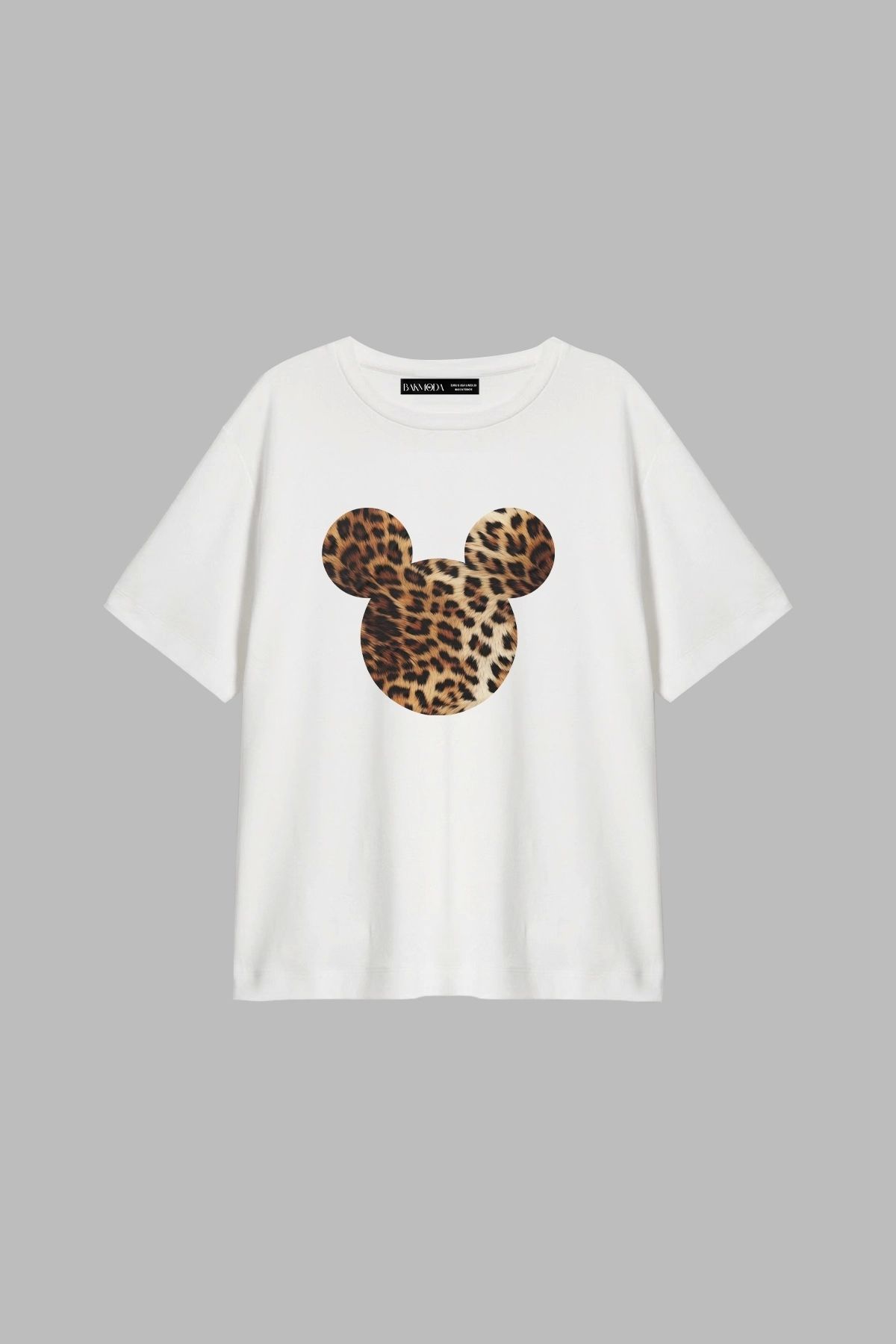 CİNEMA MODA Leopard Mcky Baskılı Relaxed Fit Beyaz Kadın Tshirt