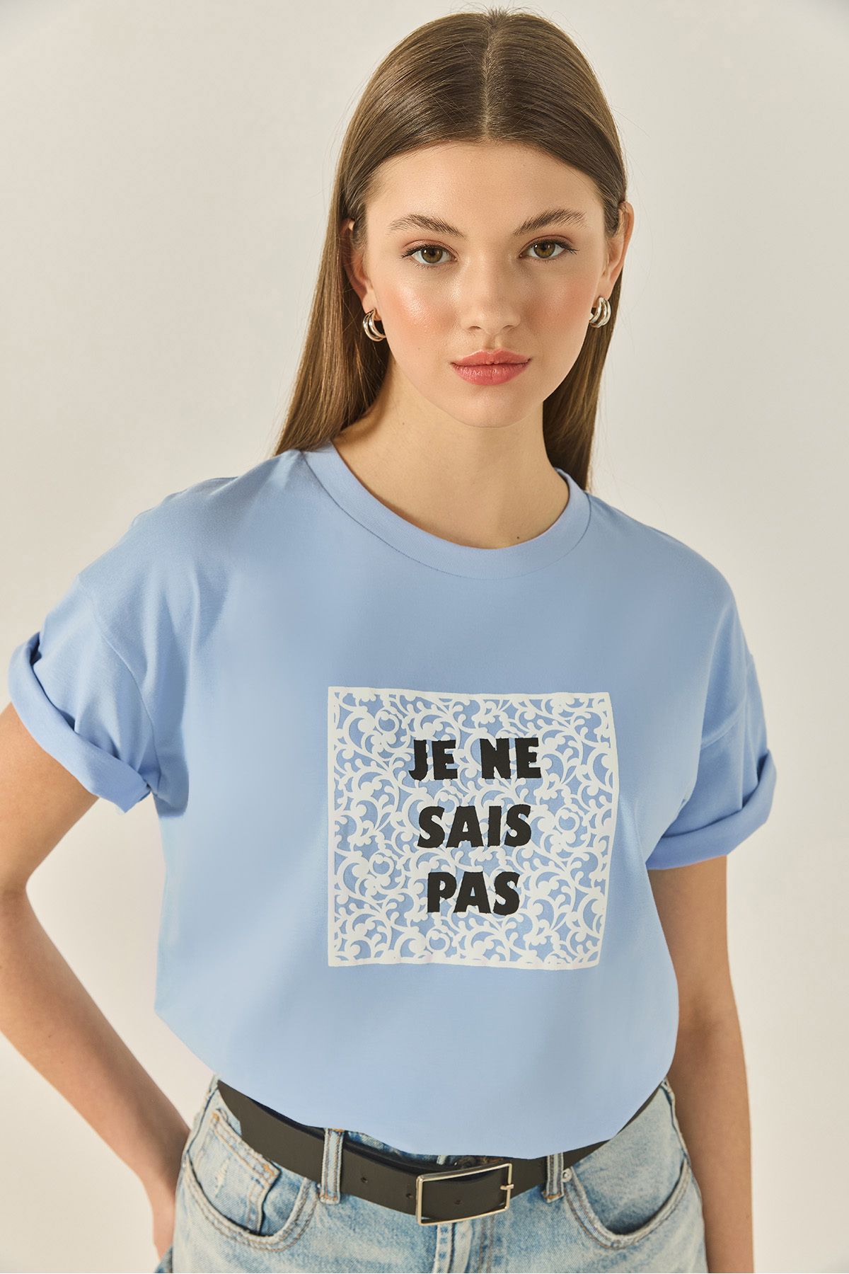 Bianco Lucci Kadın Bisiklet Yaka Kısa Kollu Baskılı Pamuklu Salaş T-Shirt 5447 60283289