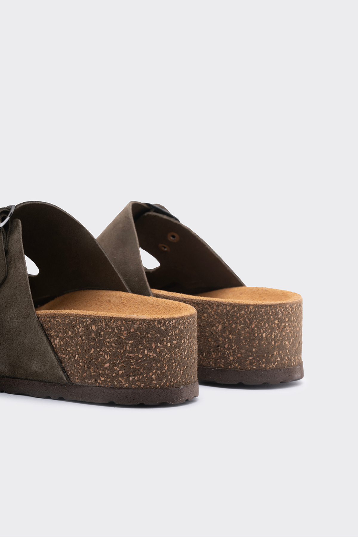 SHOEMARK-Gabba Khaki Genuine Leather Suede Buckle Detailed Women's Slippers 4