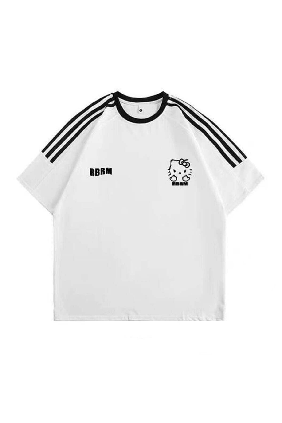 Karakedi Hello Kitty Şeritli Rbrm Beyaz Siyah Unisex Tshirt