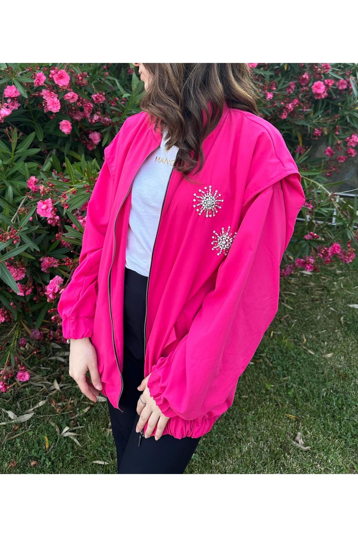 ZBA COUTURE Taş İşlemeli Pembe Bomber Ceket